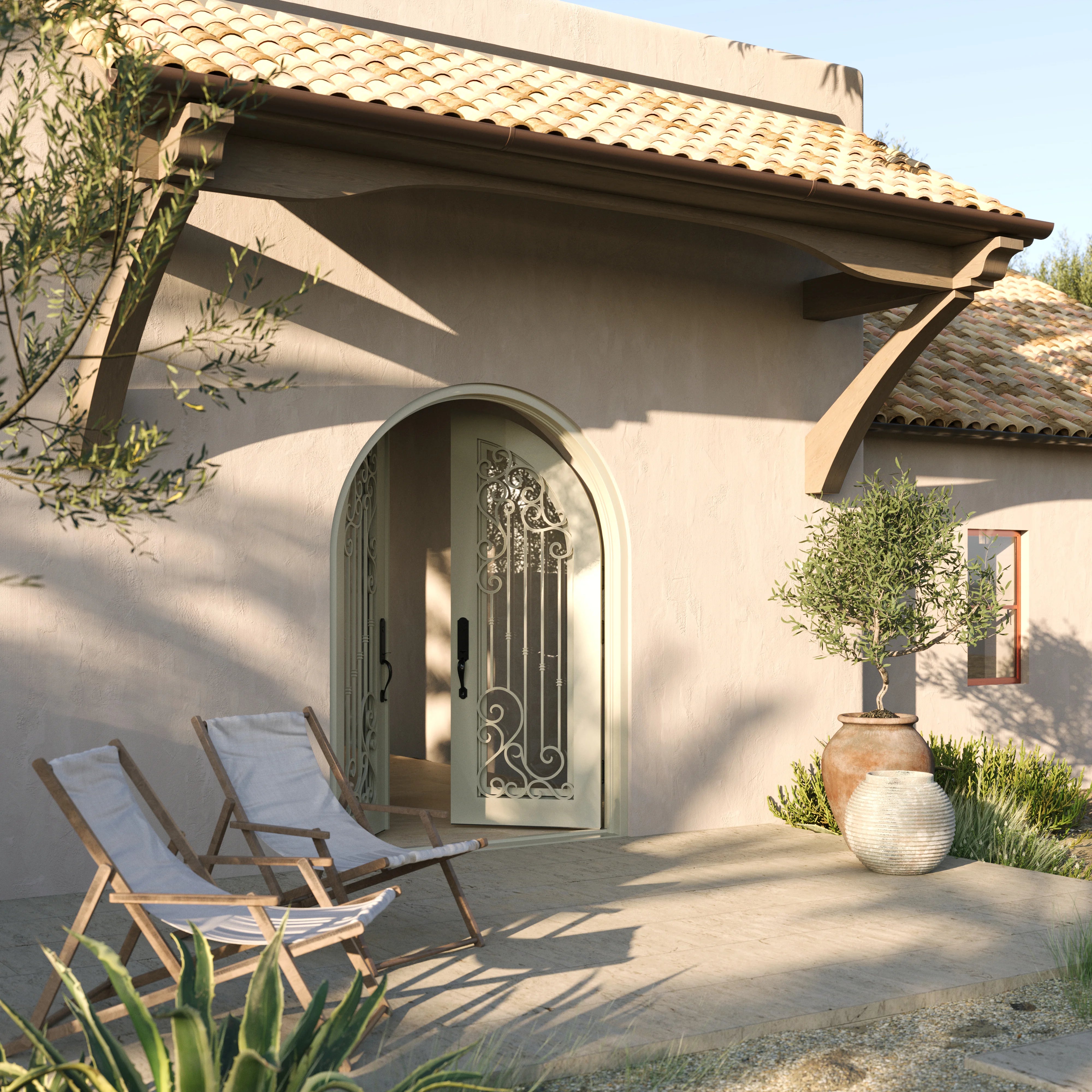 Paris double round top front door with hand forged metalwork and glass.