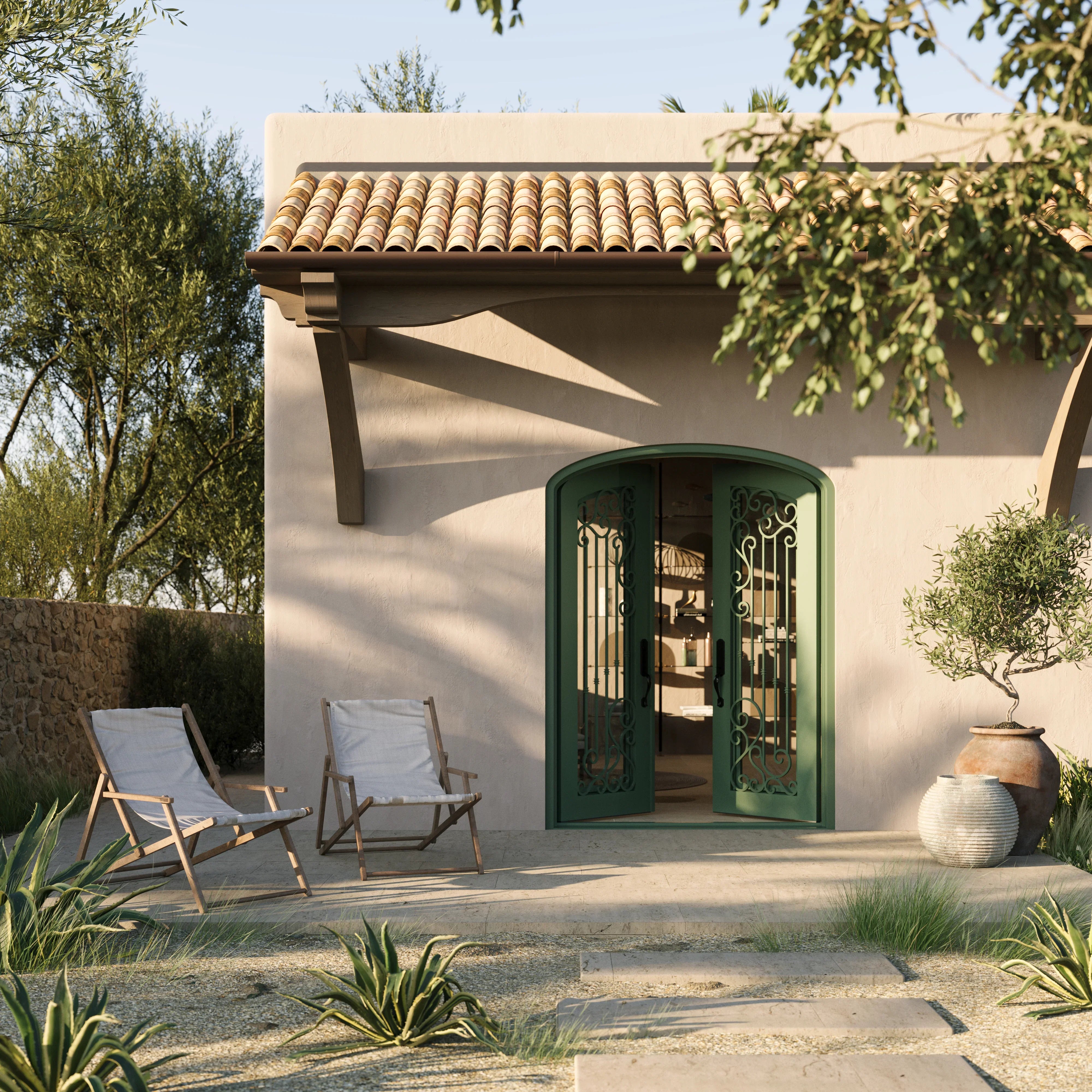 Paris double door with glass windows in bronze finish and arch top.
