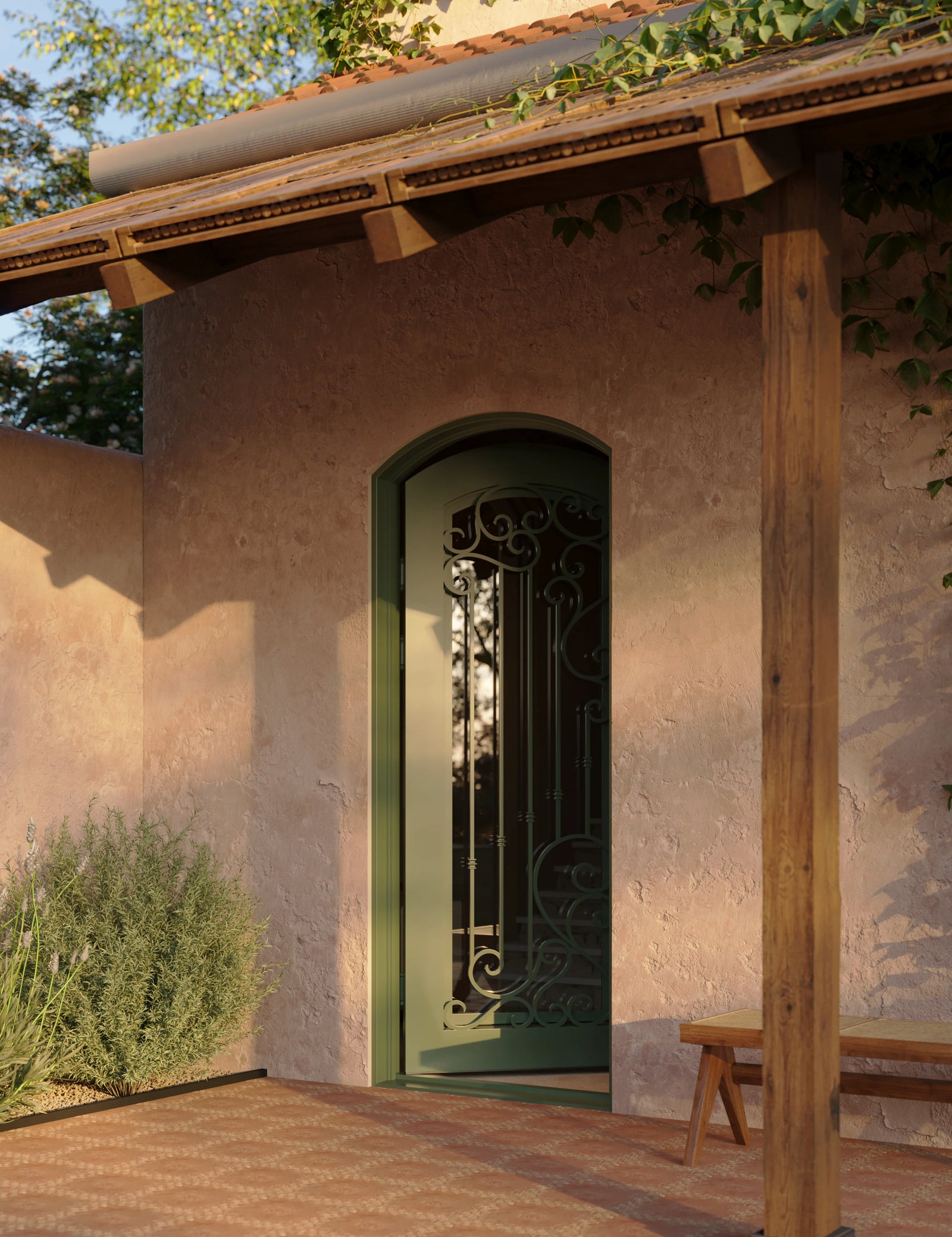 Paris single arch top swing door with energy efficient glass in black.