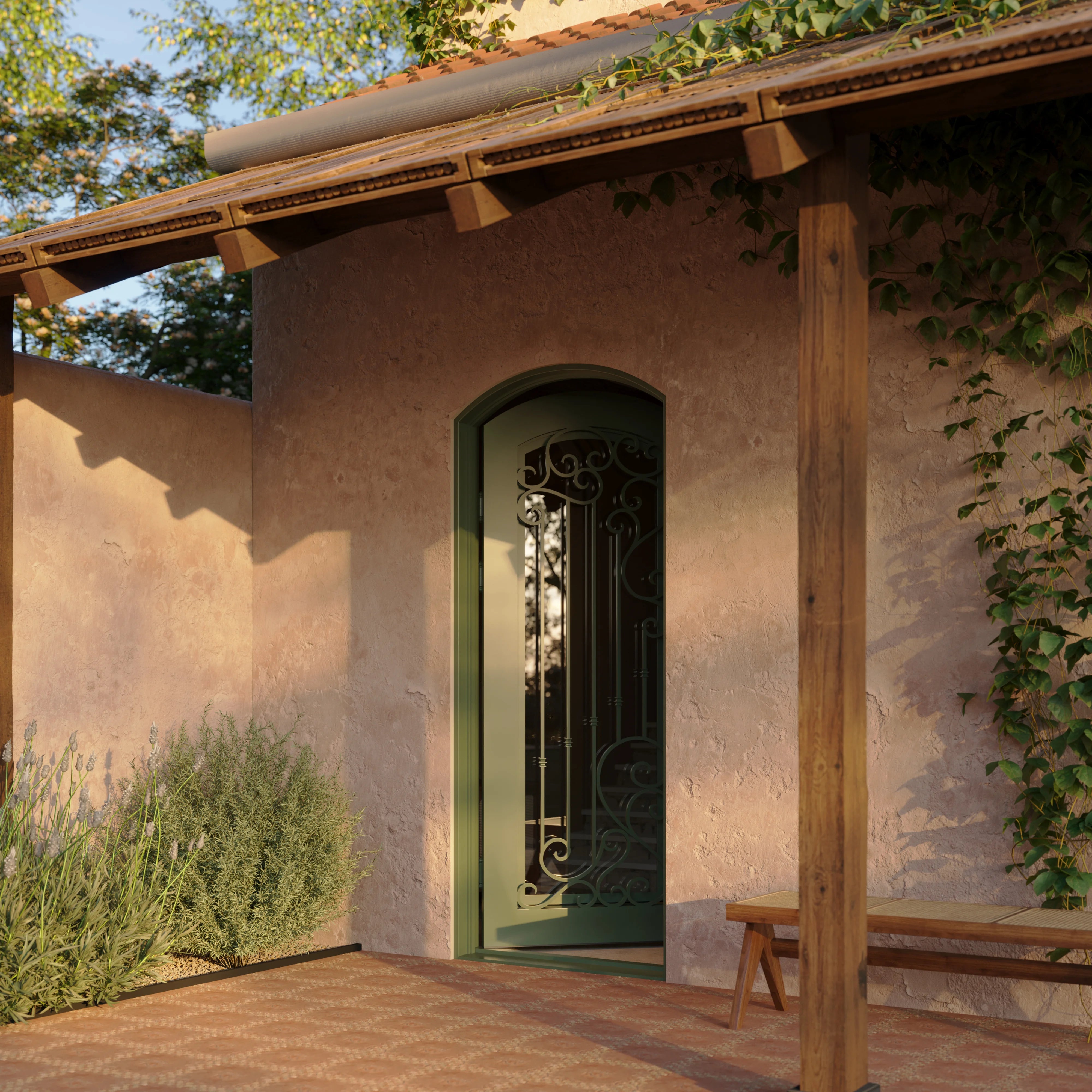 Paris single arch top swing door with energy efficient glass in black.