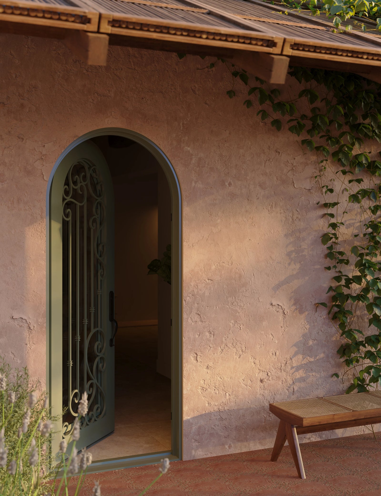 Paris black exterior wrought iron single radius top door with dual-pane glass.