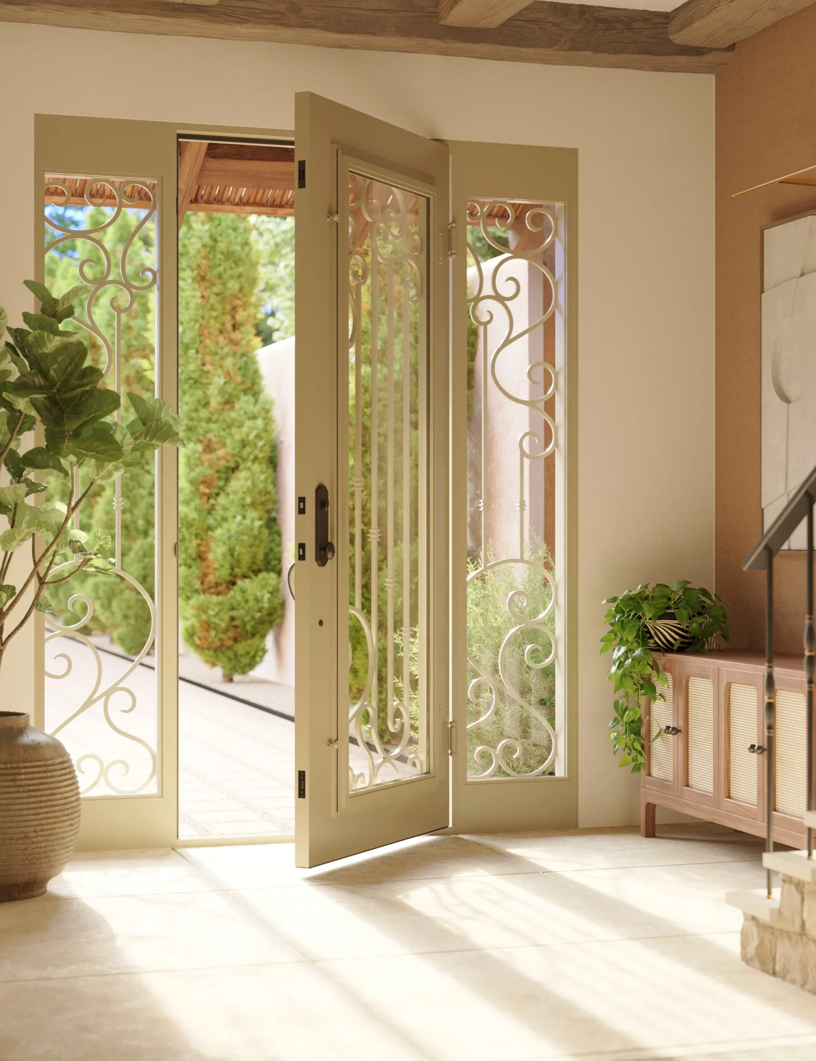 Paris flat top patio door in black thermally broken with side windows.