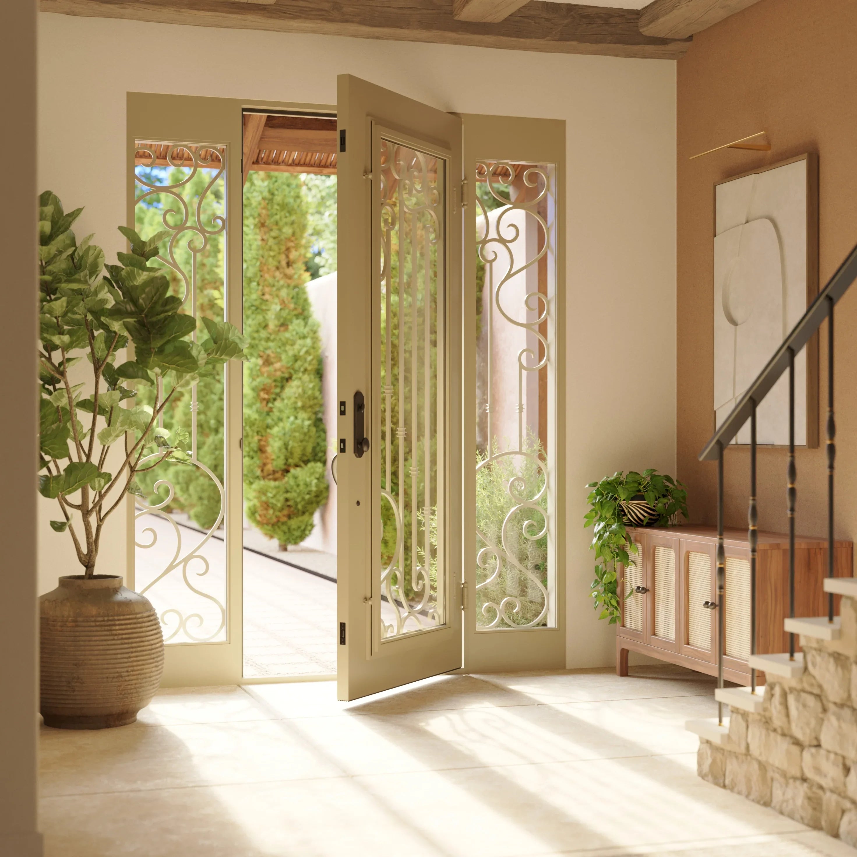 Paris flat top patio door in black thermally broken with side windows.