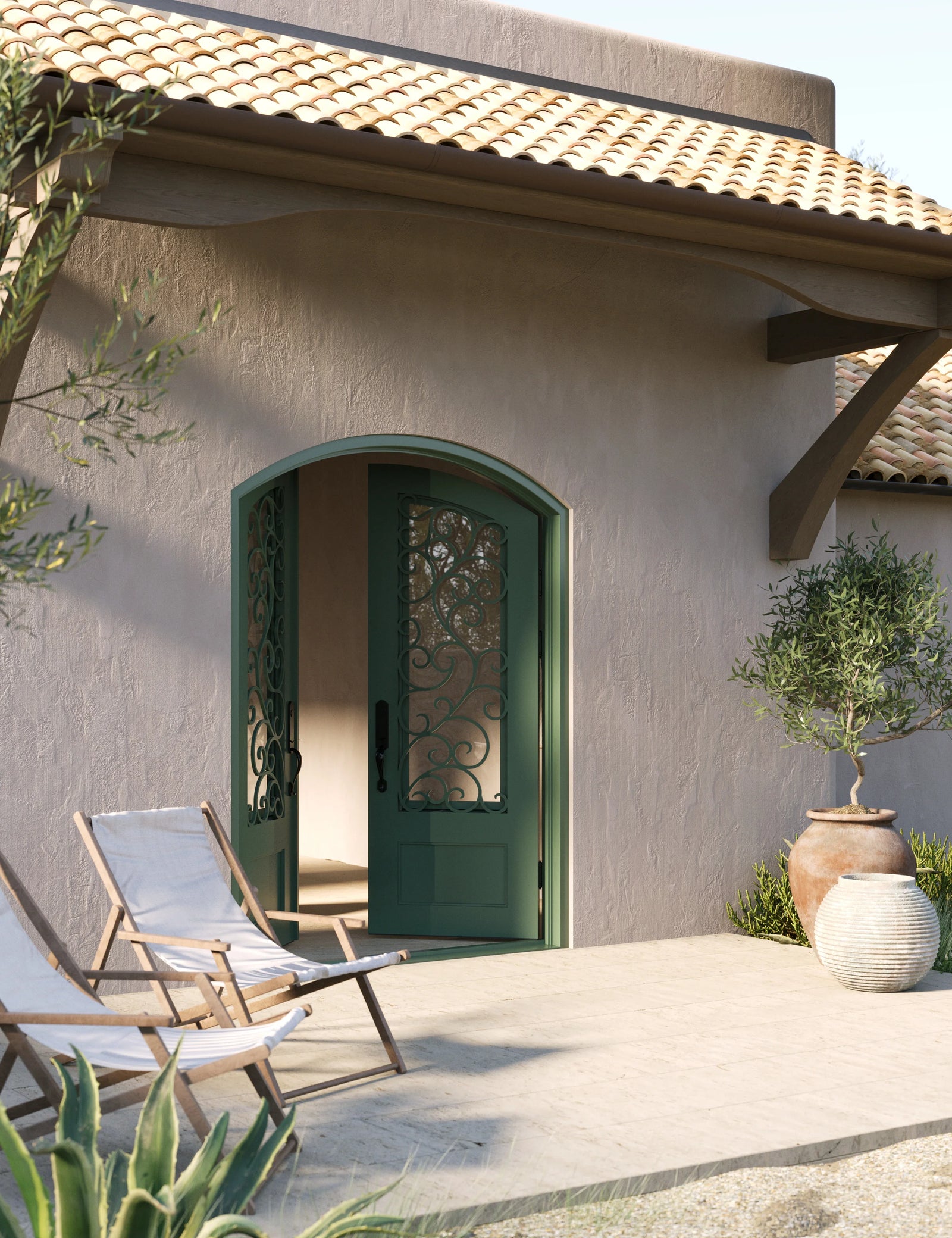 Story black colored arched top entry door with thermal barrier and clear glass.