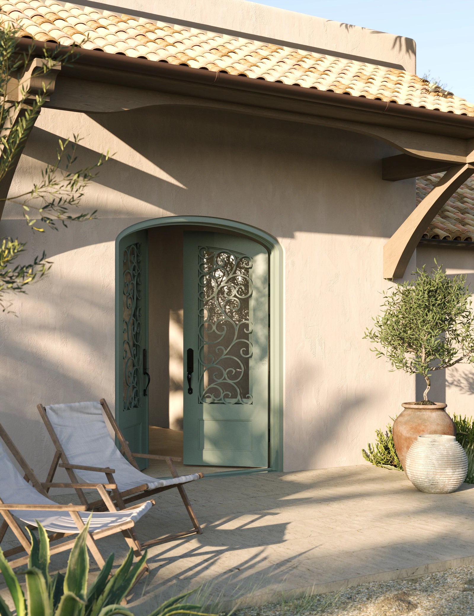 Story bronze finished iron double door with arch and efficient glass.
