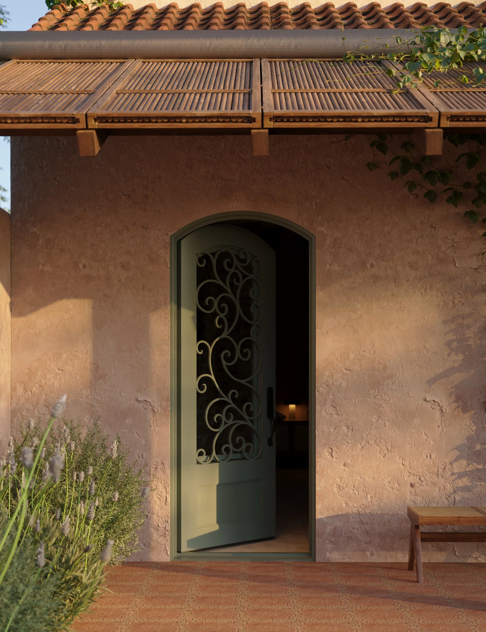 Story single arch top single door with energy efficient tempered glass in black.