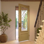 Story Single flat top swing door with dual-pane glass and metal scrollwork.