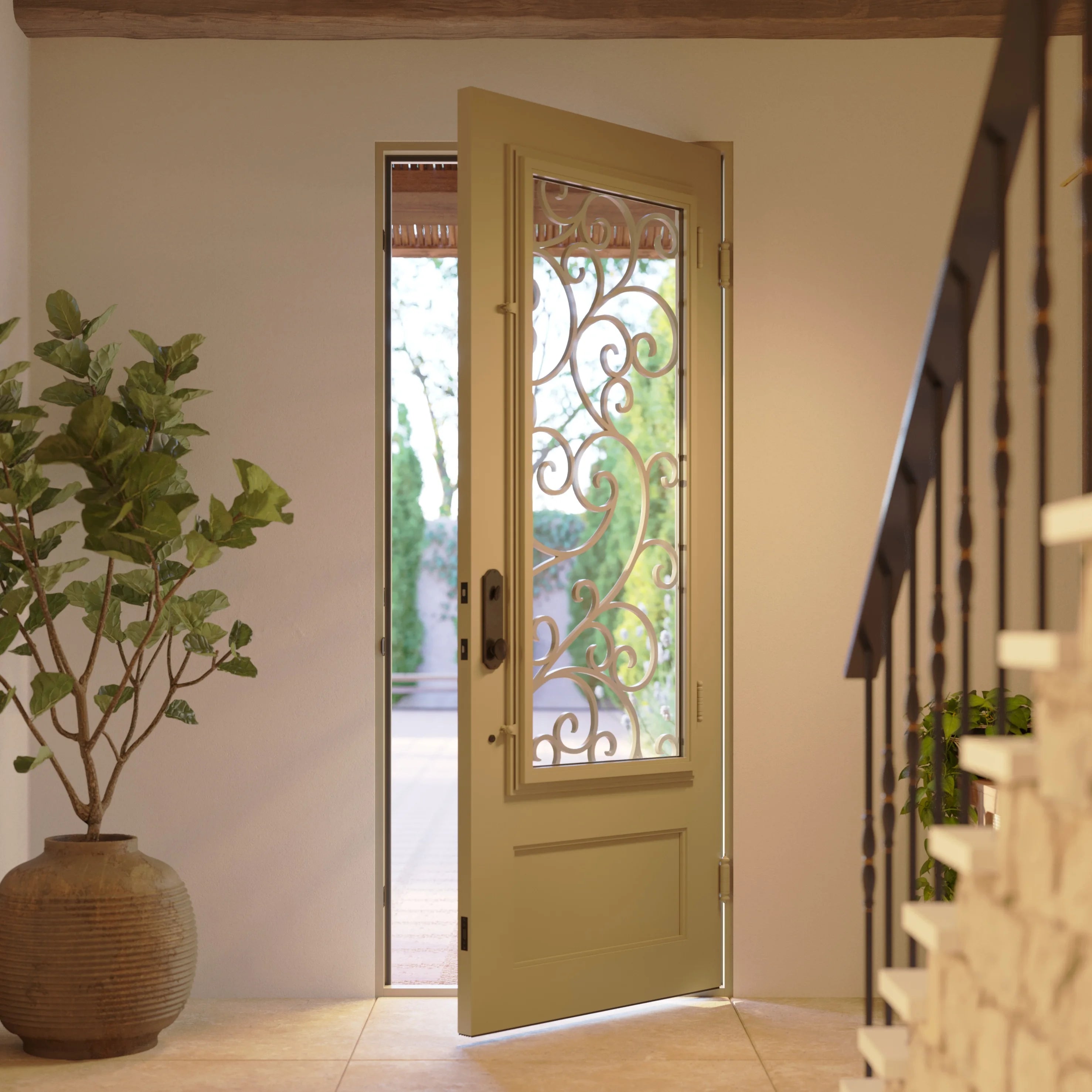 Story Bronze color wrought iron flat top single hinged door with glass.