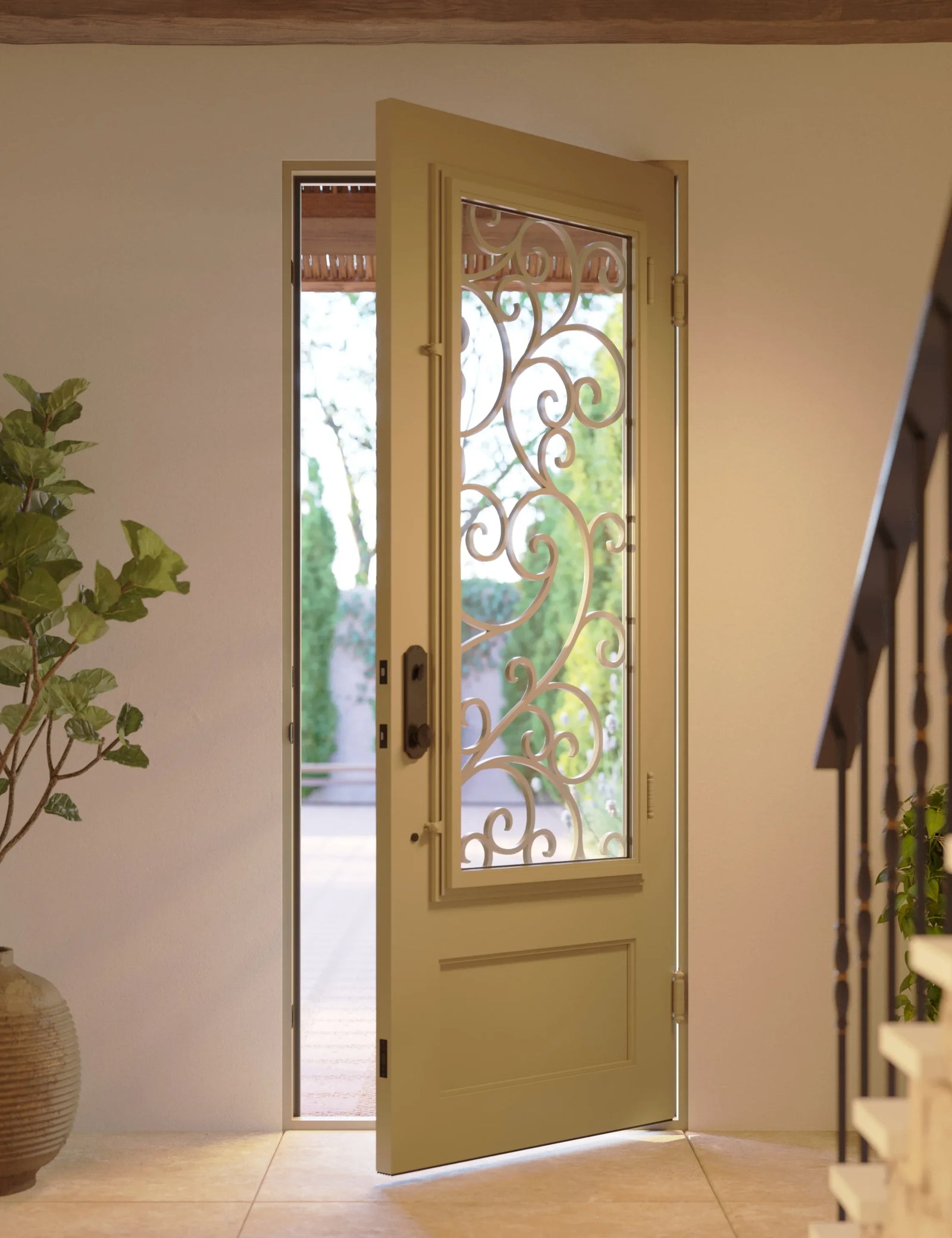 Story thermally broken single flat door with metal scrollwork in matte black.