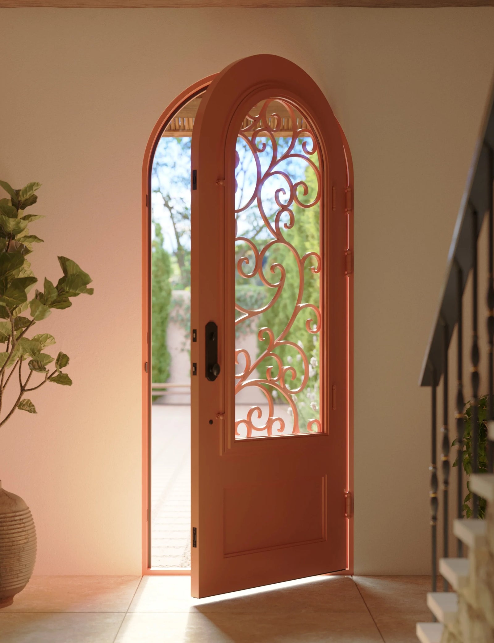 Story black architectural iron single round top door with operable glass panel.