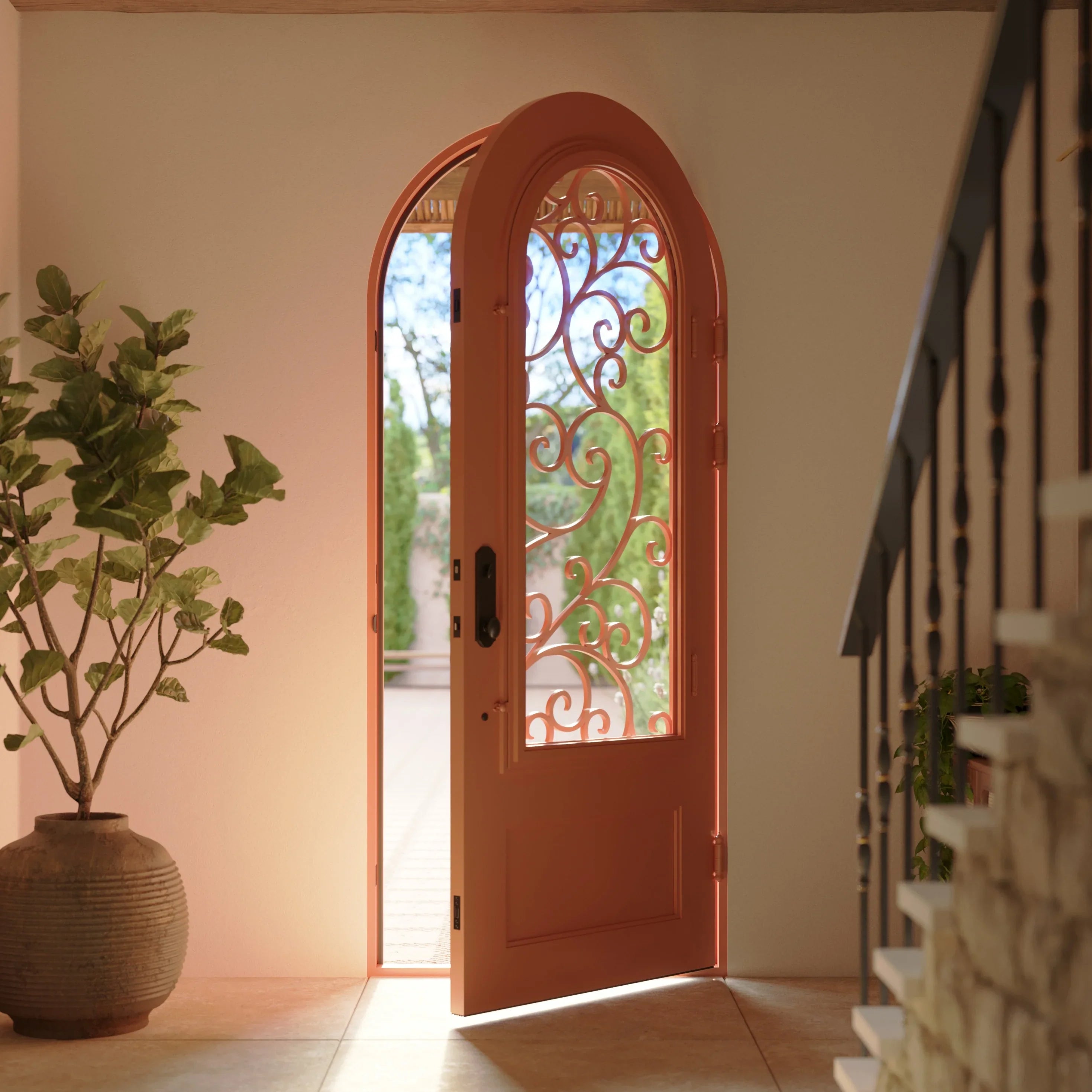 Story radius top single swing door with thermal break in matte black.