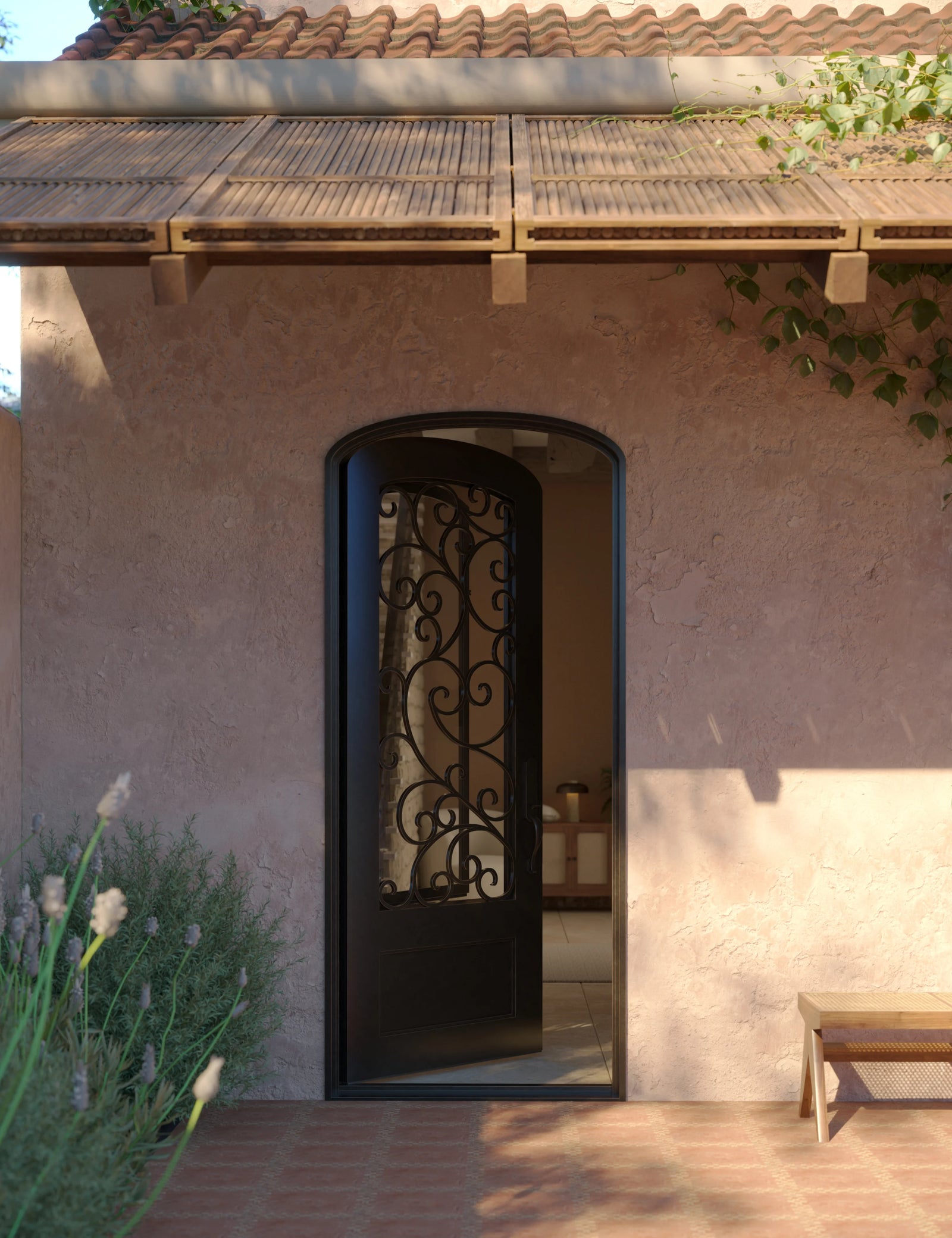 Story architectural black iron mini arch top single door with dual-pane glass.