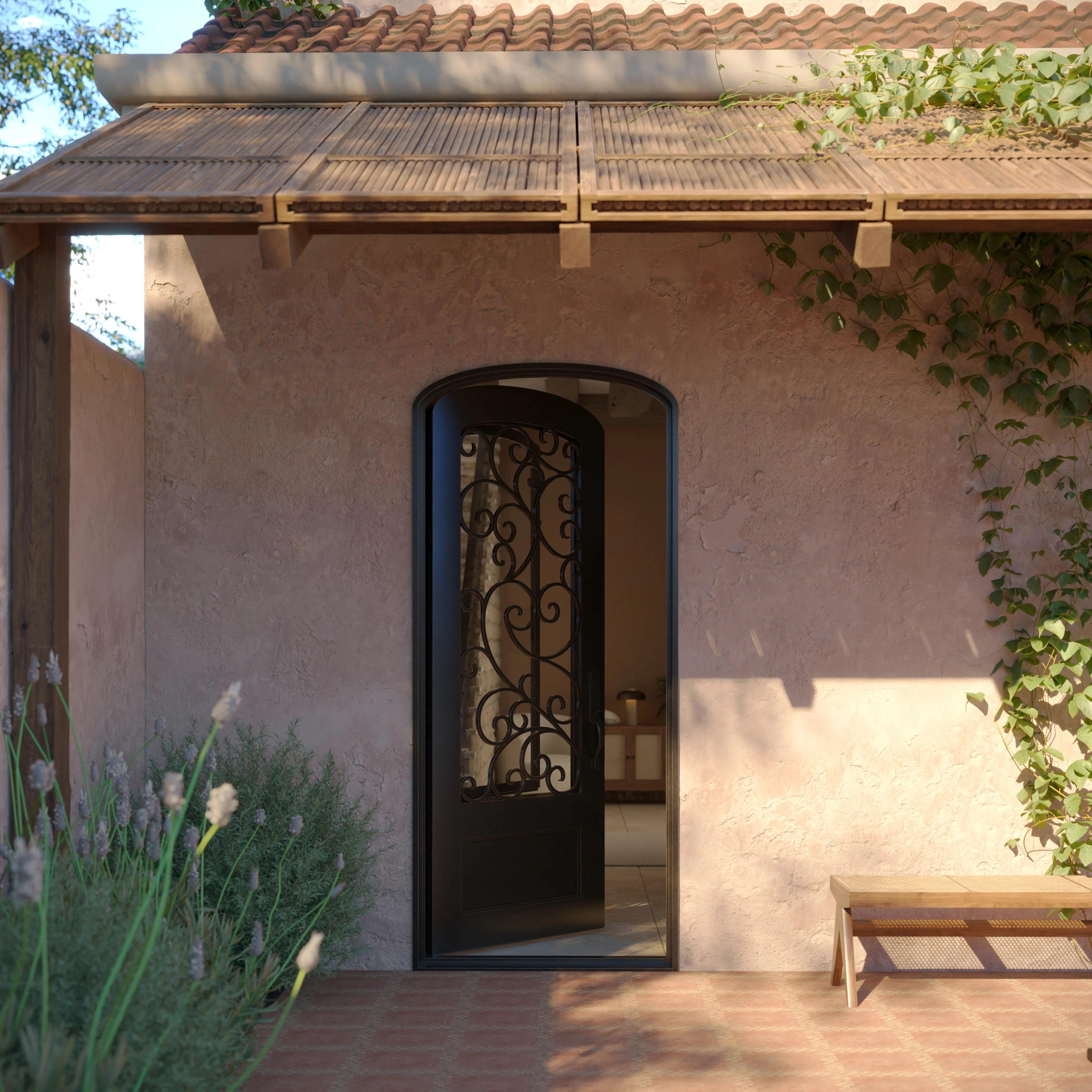 Story architectural black iron mini arch top single door with dual-pane glass.