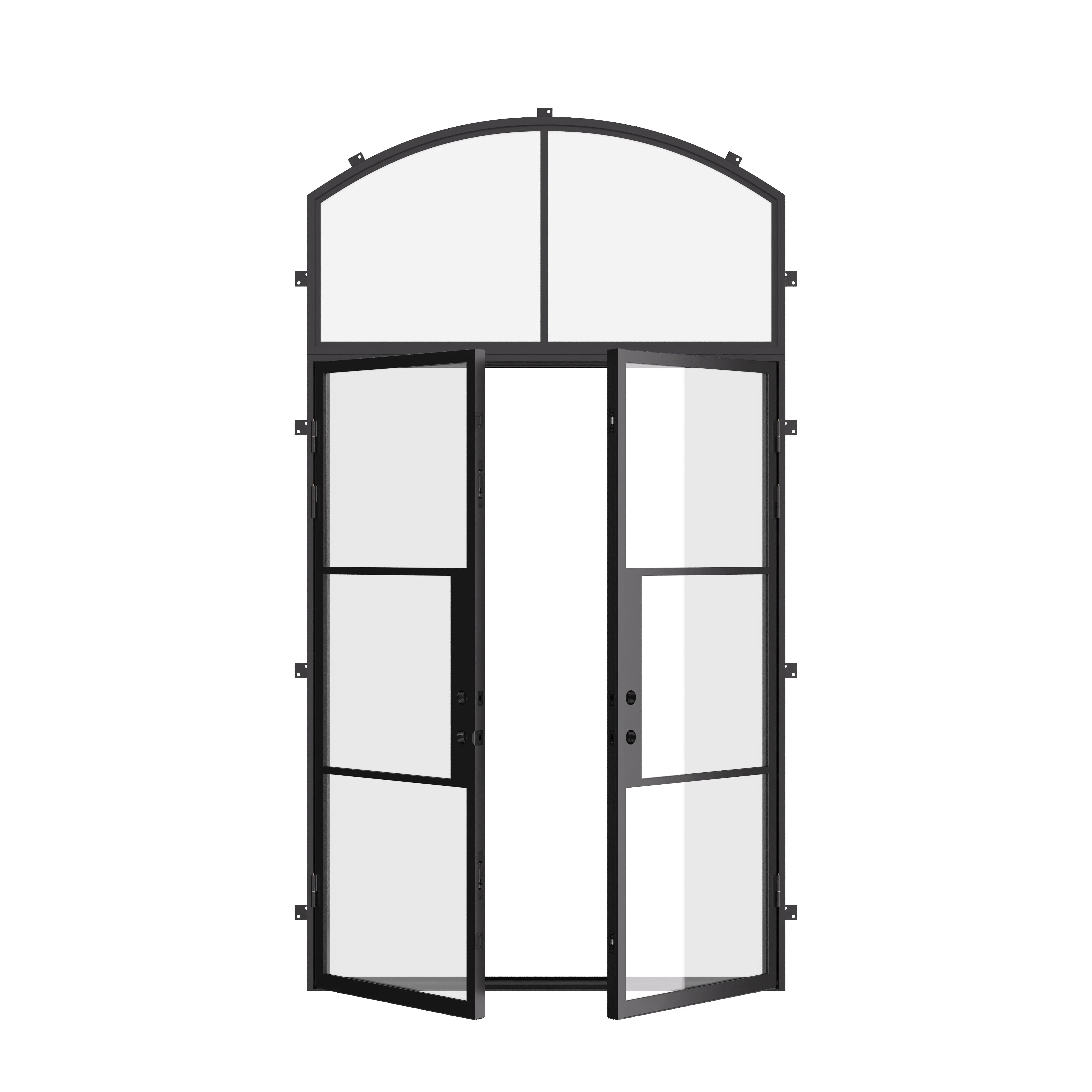 Exterior double steel door with thermal break and curved top glass