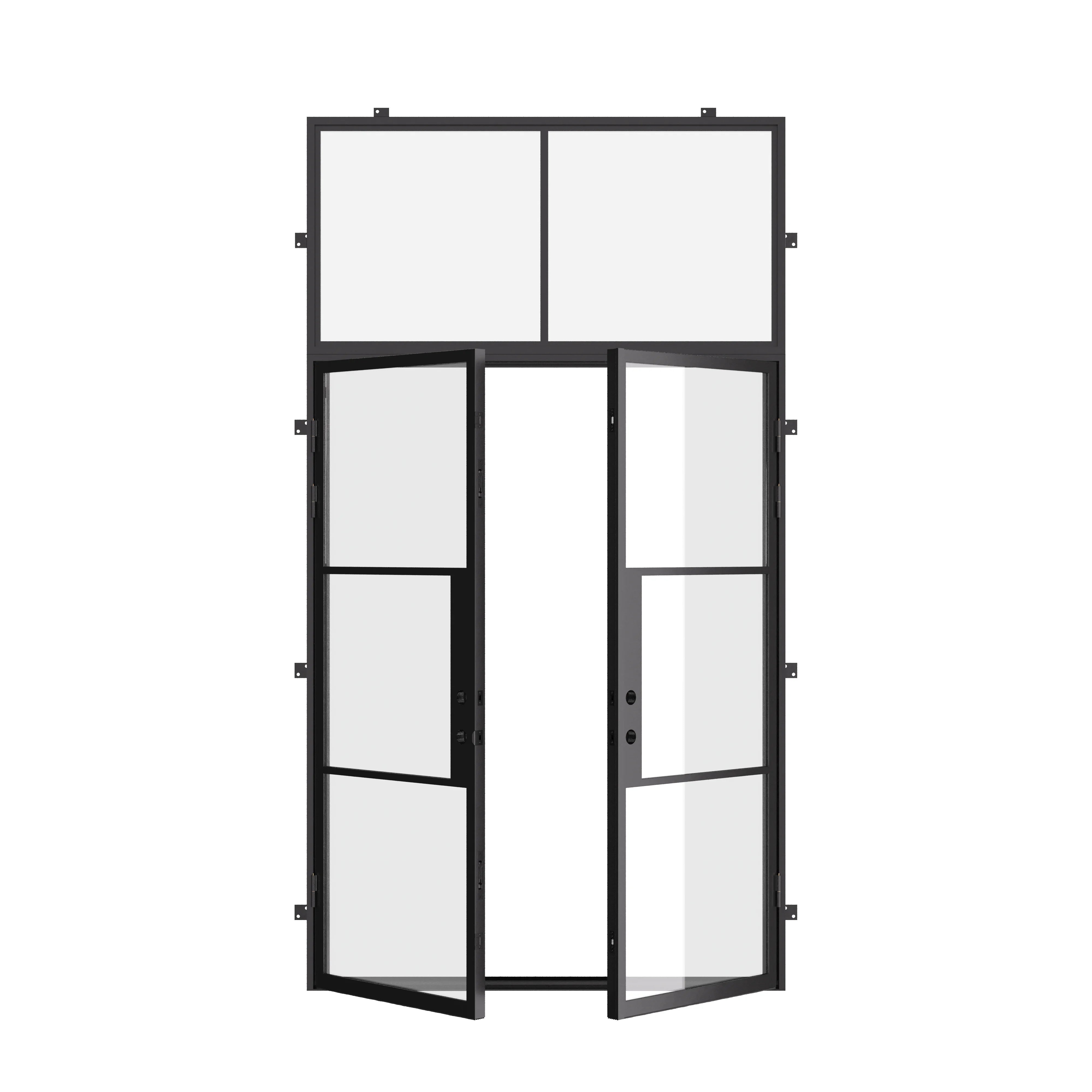 Exterior double steel door with thermal barrier and transom lite