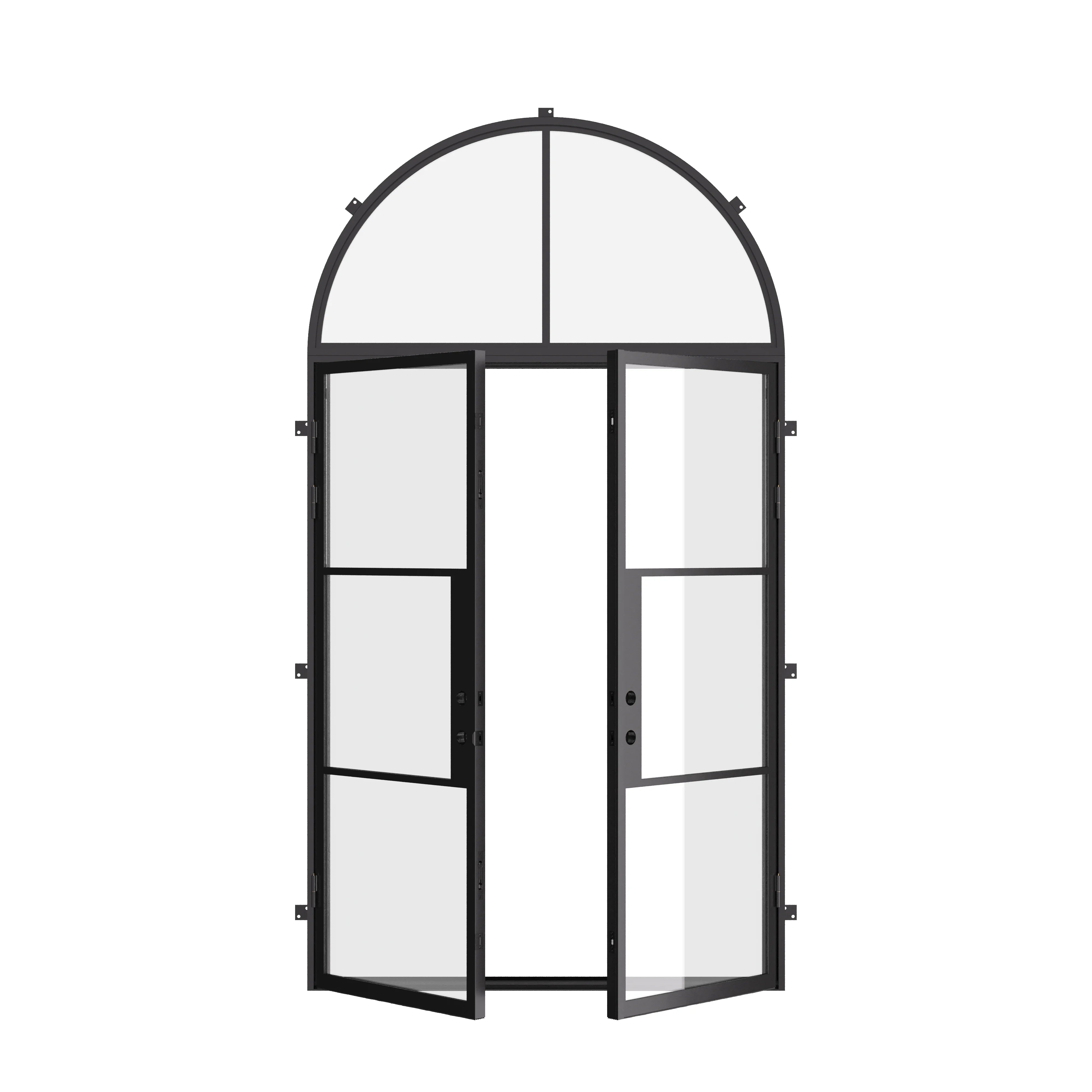 Air 4 double flat steel doors with arched transom and narrow sightlines