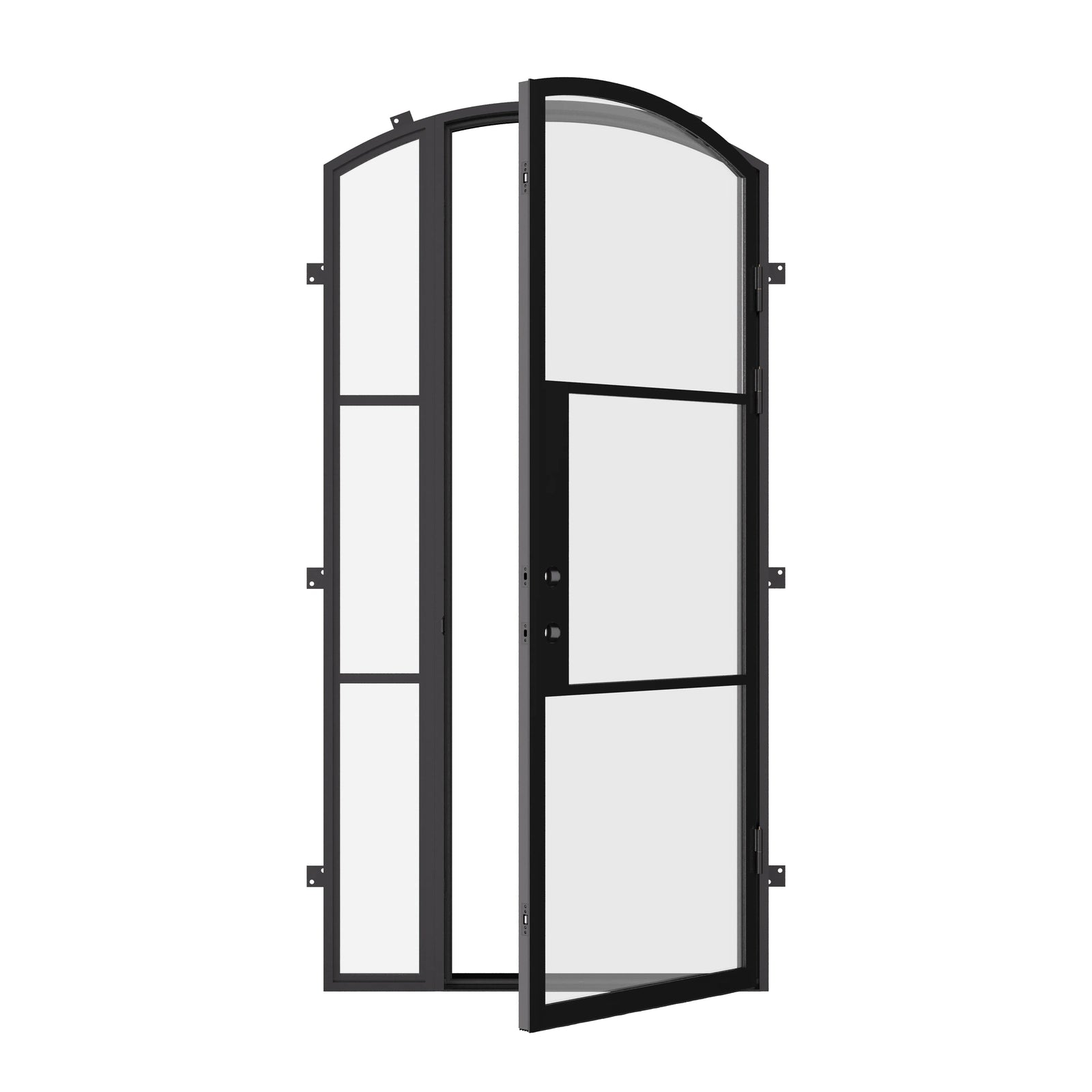 exterior arched steel door with left sidelight and energy-efficient frame