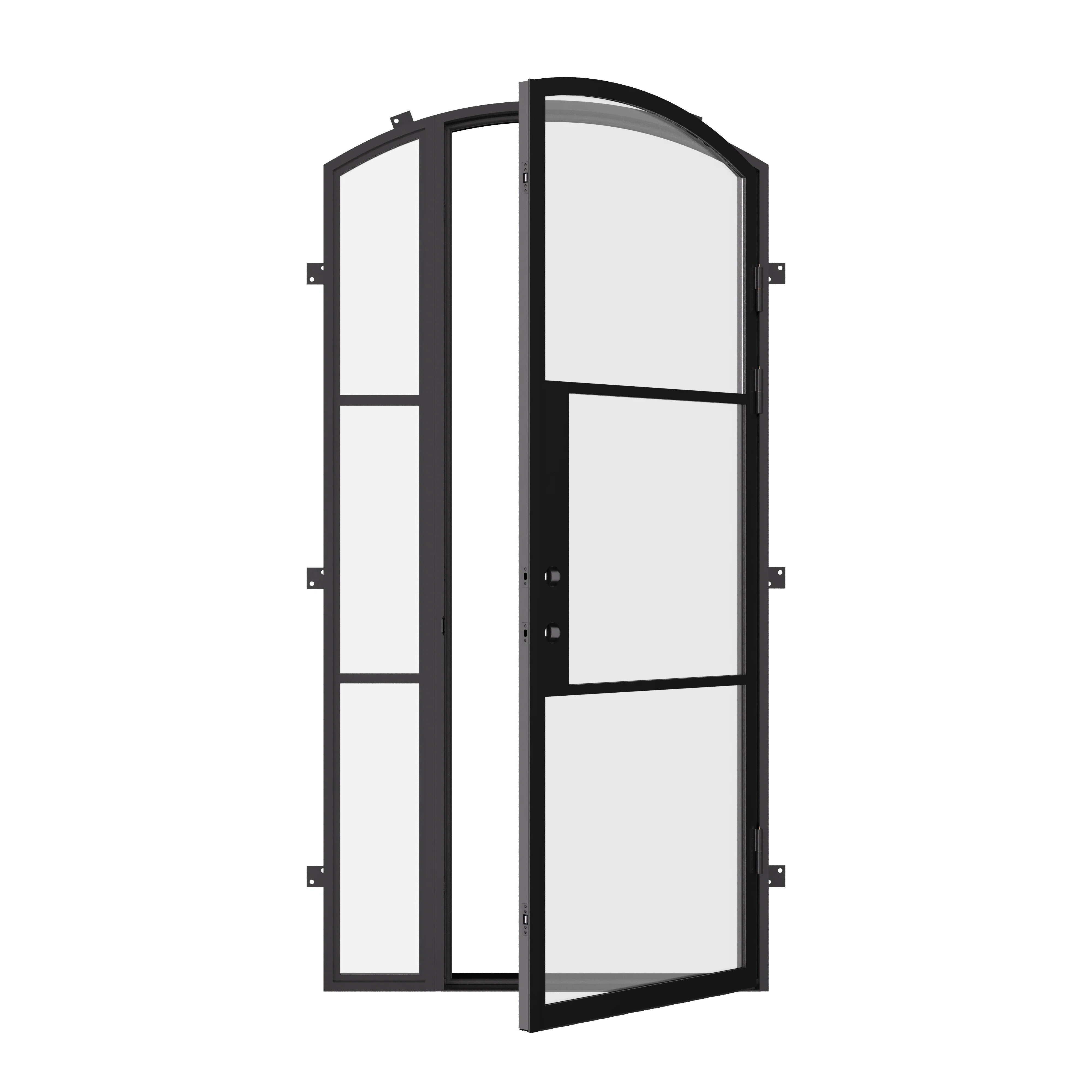 exterior arched steel door with left sidelight and energy-efficient frame
