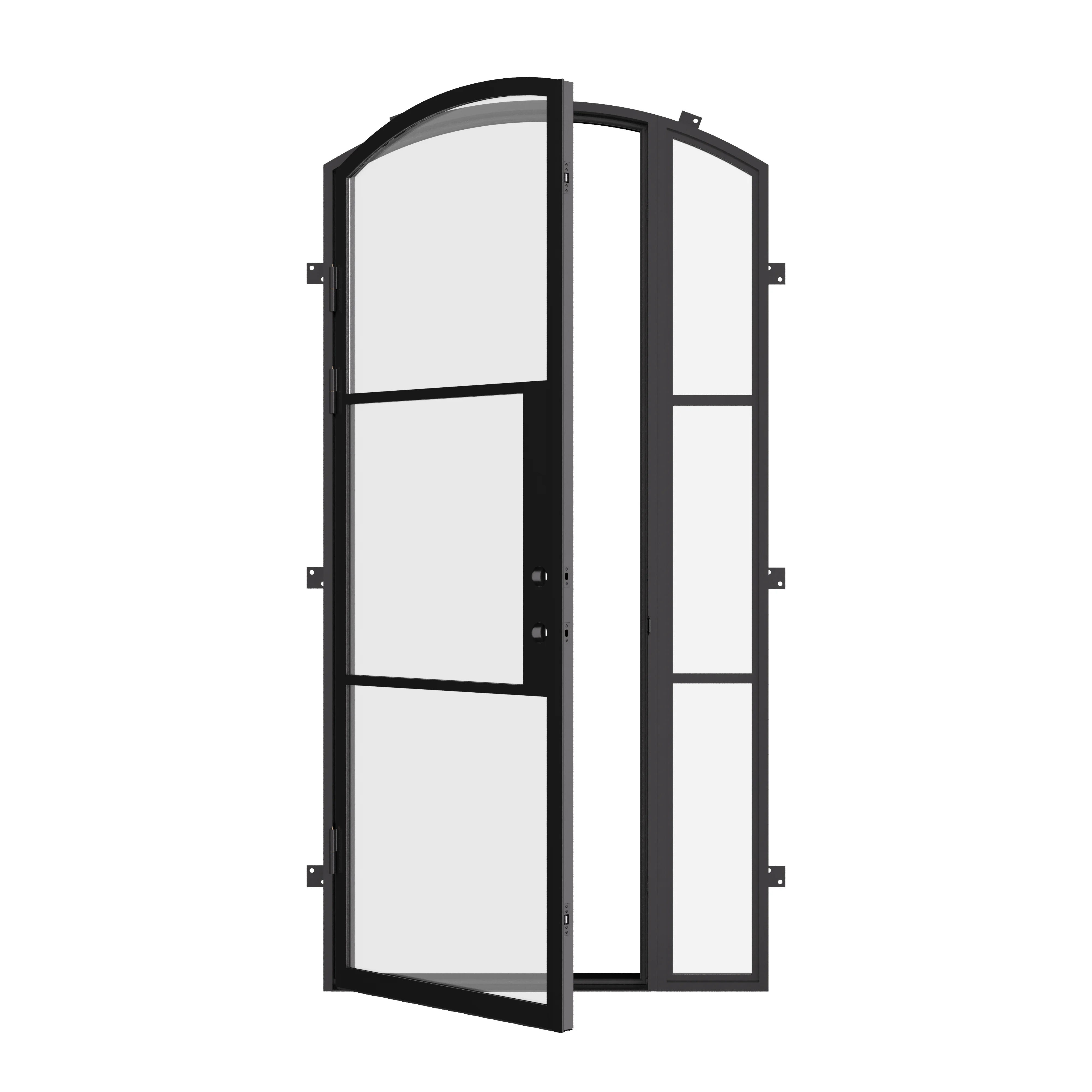 modern arched entry door with right side glass and insulated steel build
