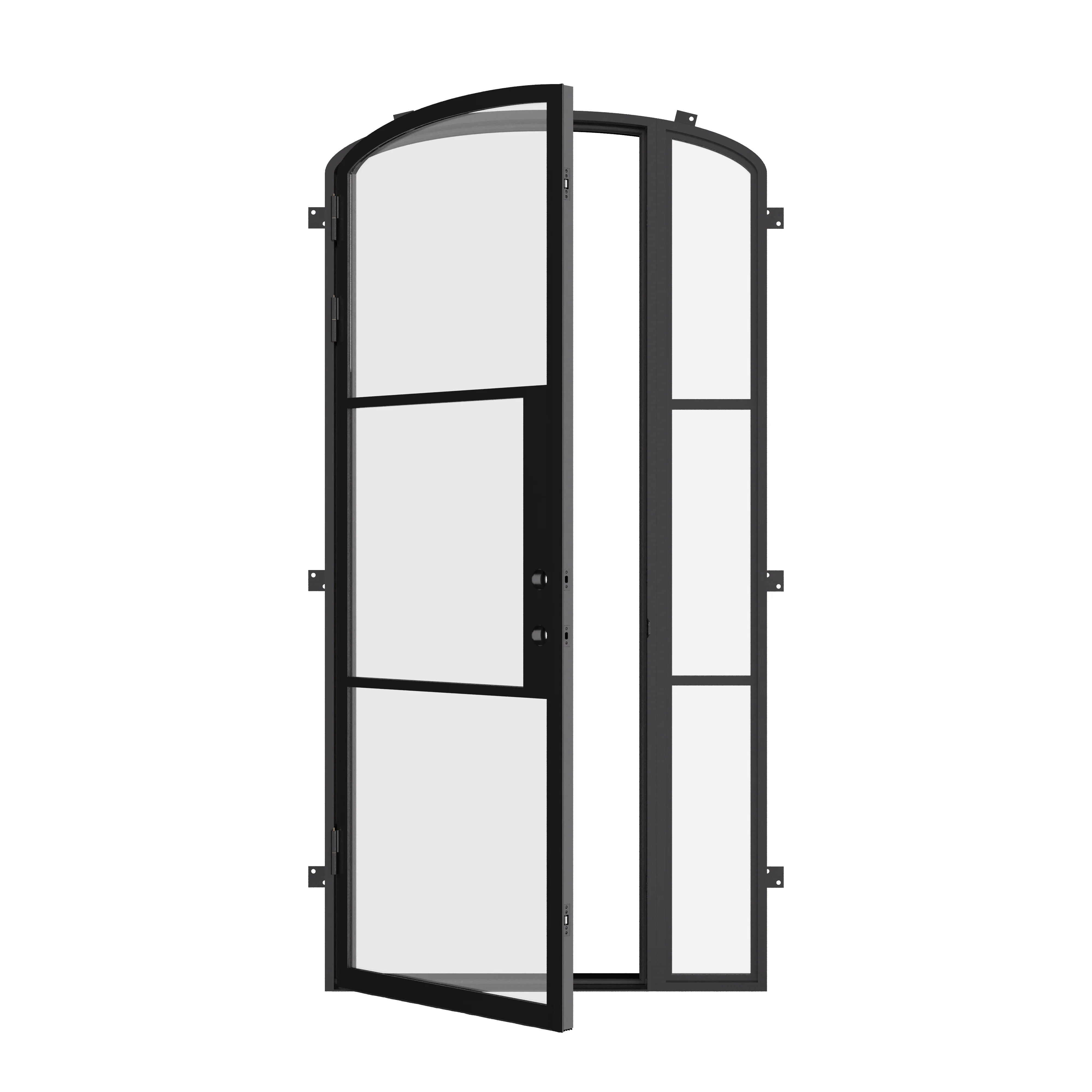 modern steel door with right side window arch top