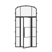 modern steel exterior door with sidelights and mini arch glass