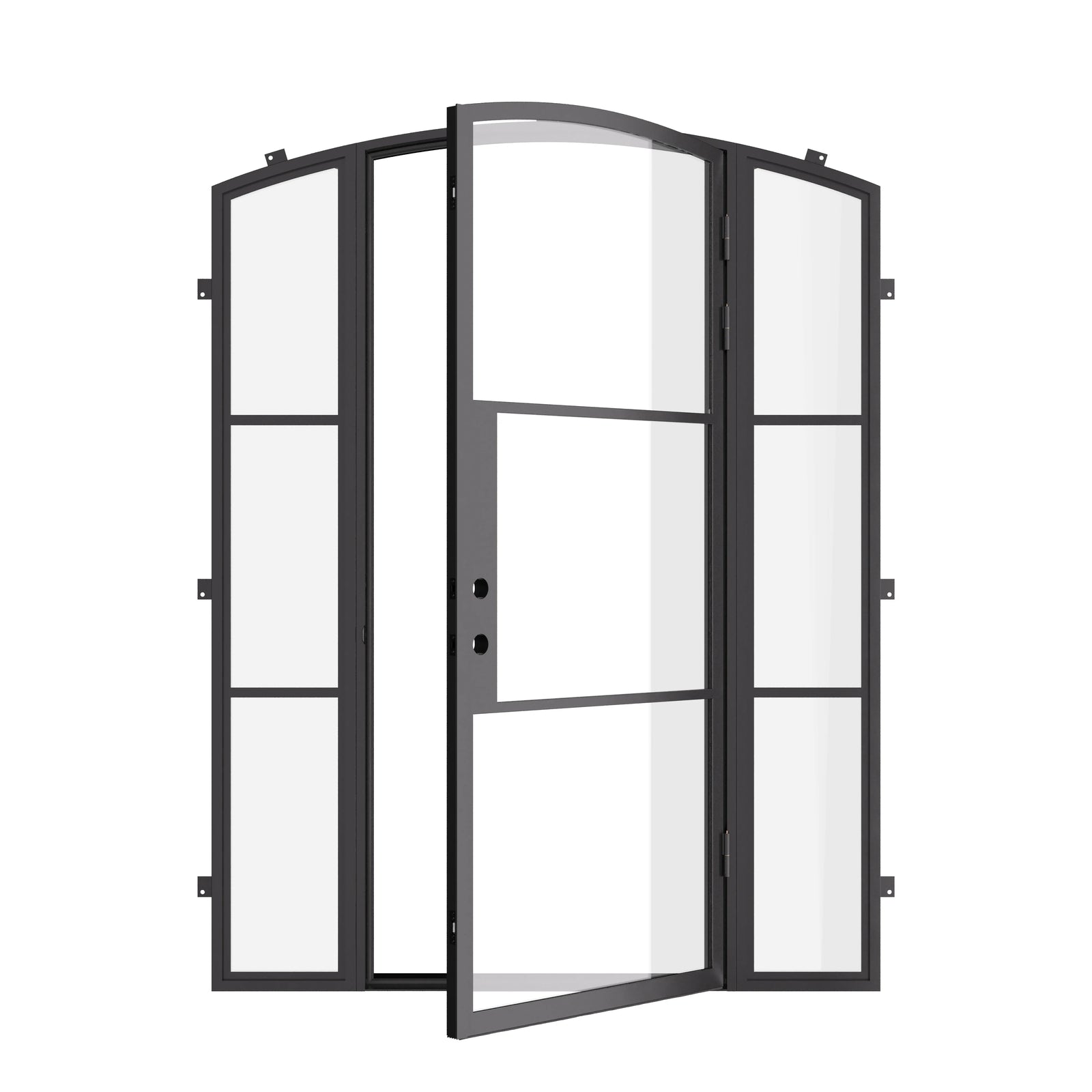 Modern arched steel front door with thermal barrier and side windows