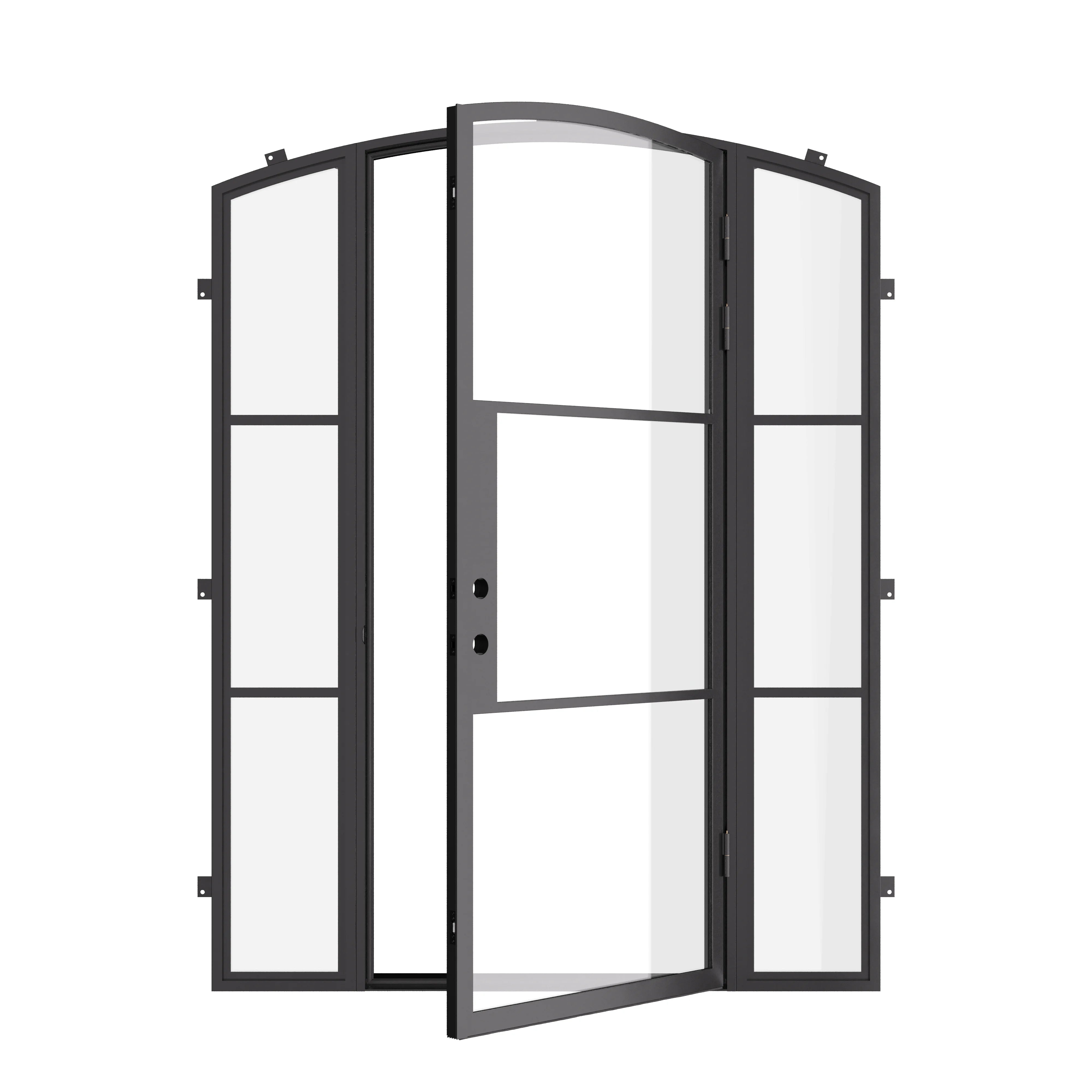 Modern arched steel front door with thermal barrier and side windows