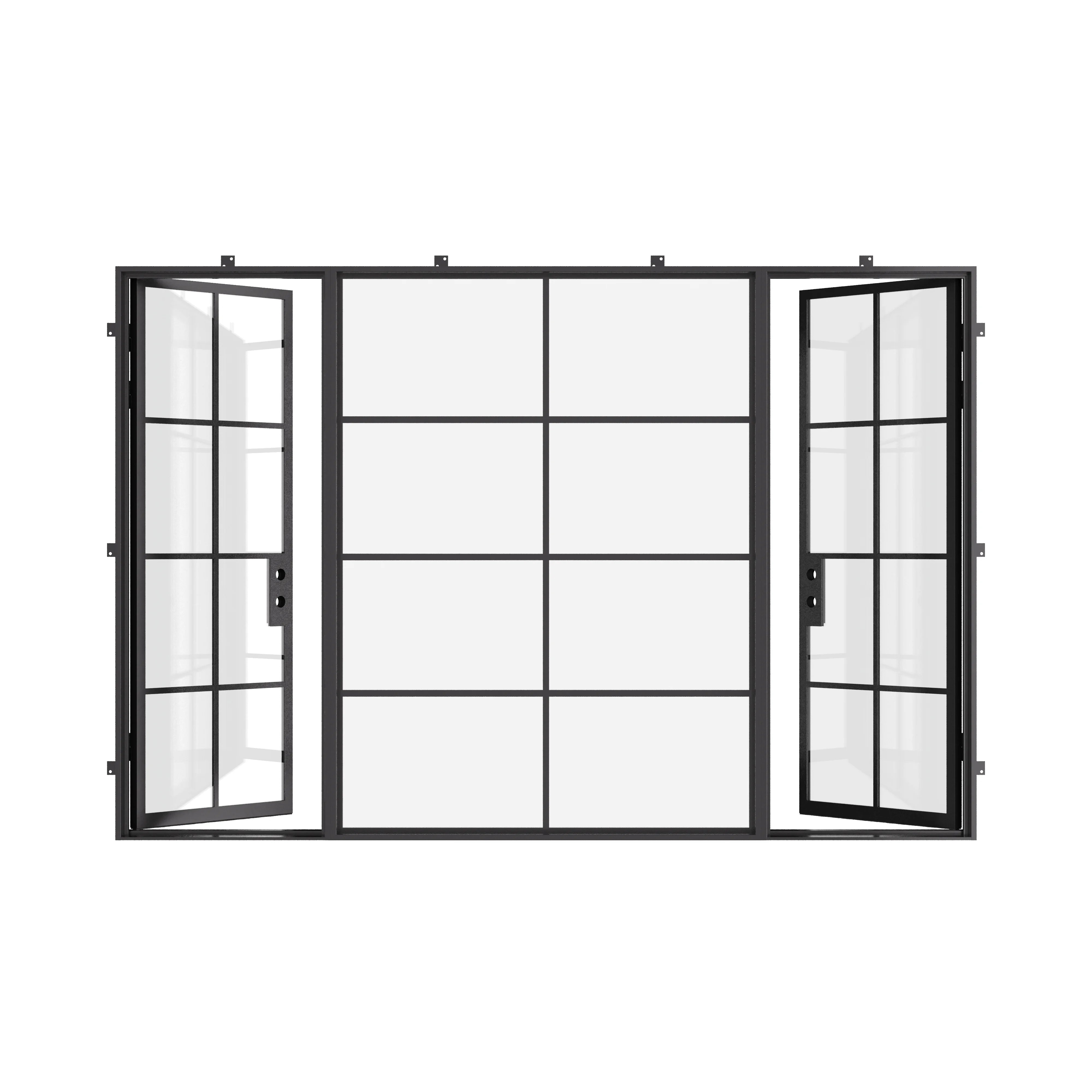 Modern dual single steel front doors with fixed middle panel and NFRC rated glass