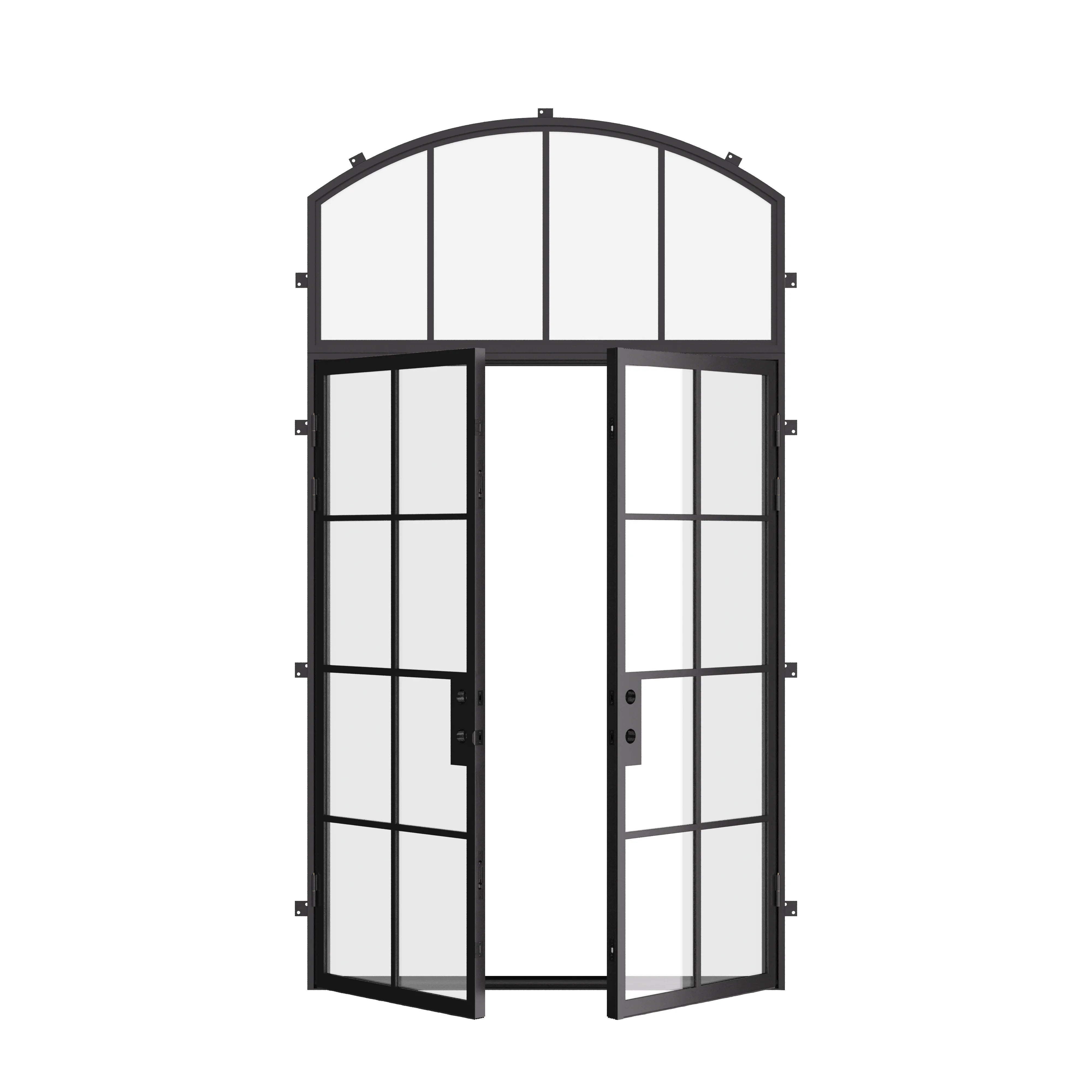 Modern double flat steel front doors with arched transom, prehung cold-rolled frame and tempered glass panels