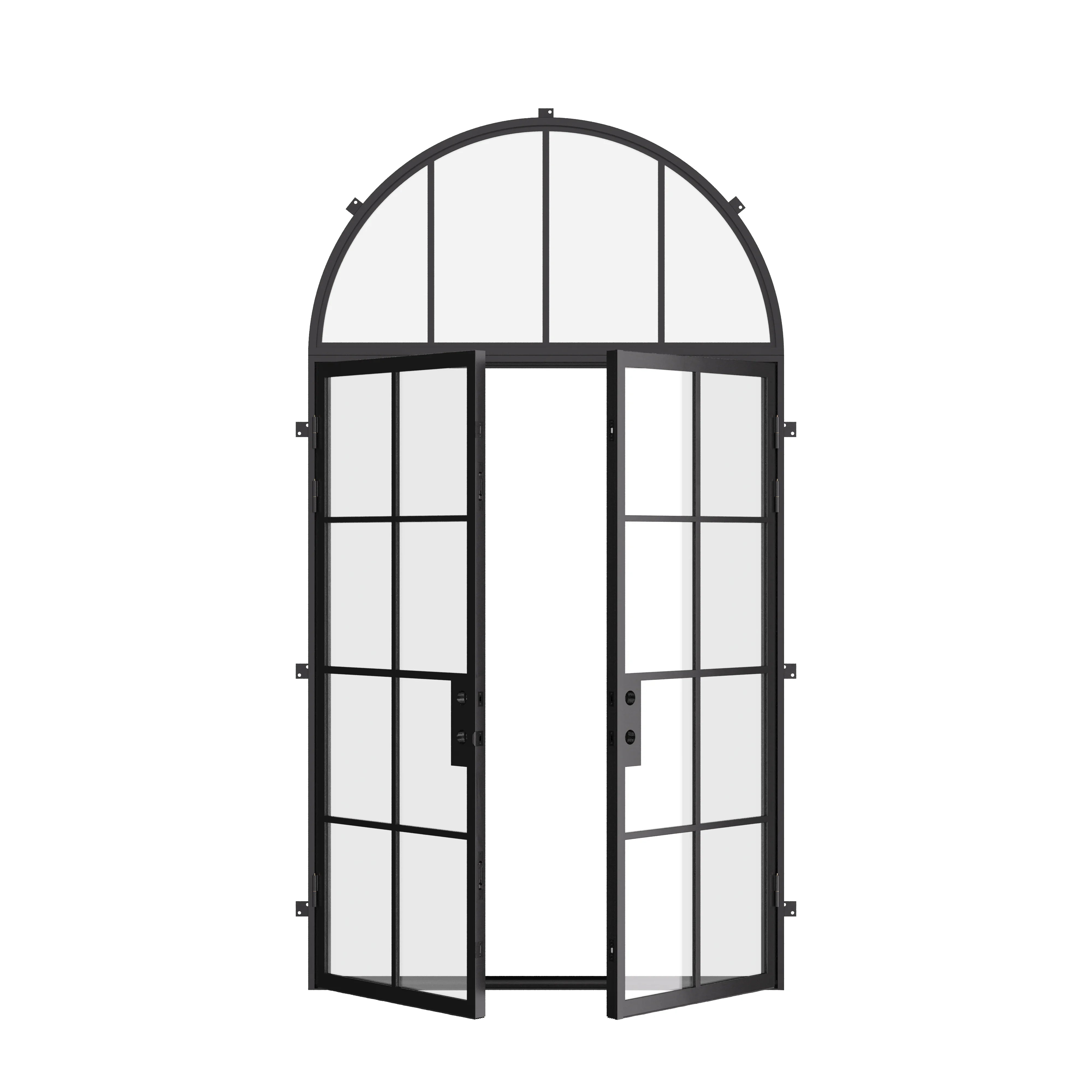 Modern double flat architectural steel front doors with full arch transom and insulated safety glass
