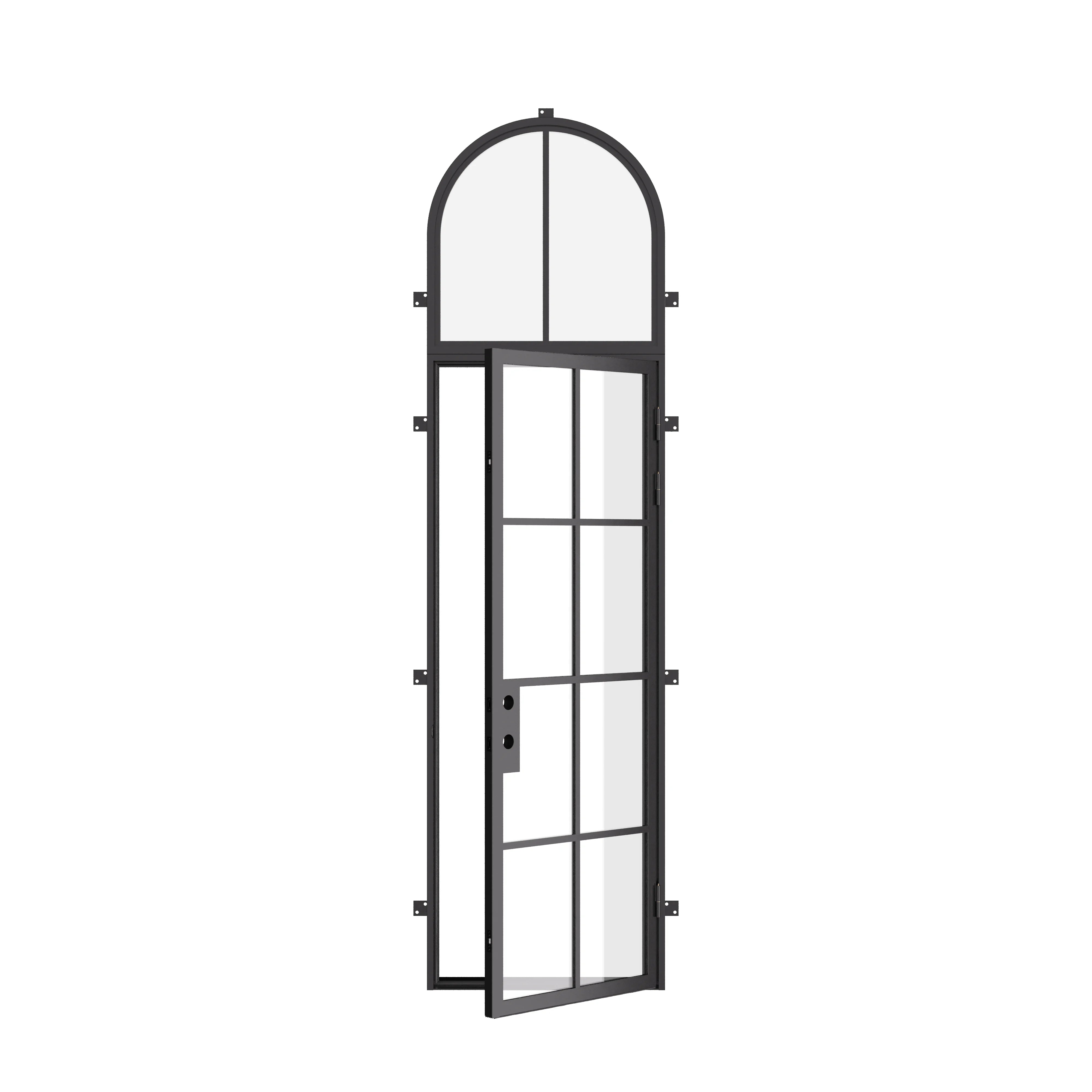 Modern single flat architectural steel front door with full arch transom and insulated glazing