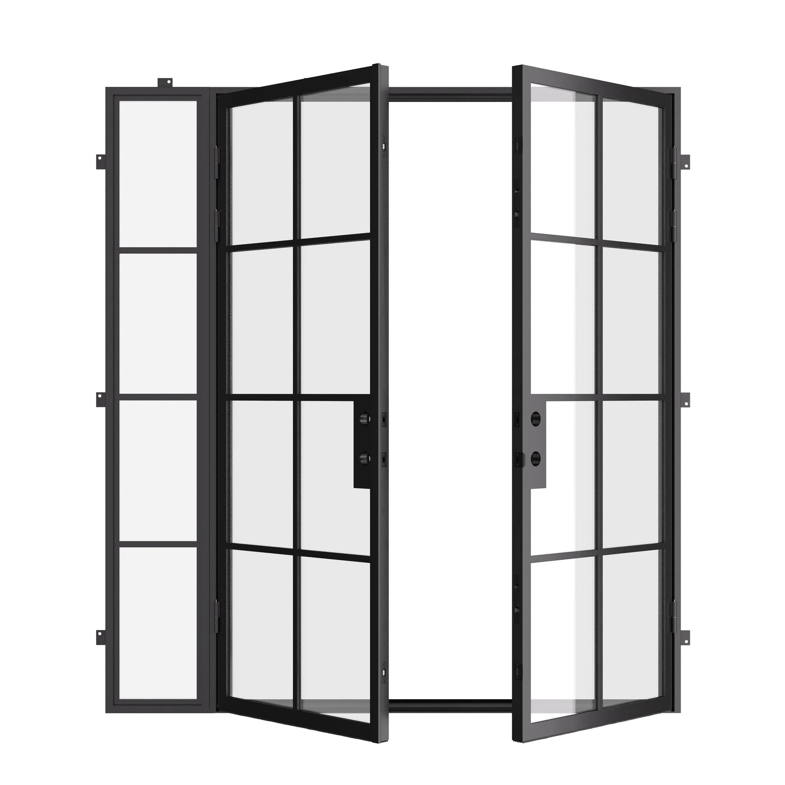 Exterior double flat steel entry doors with left sidelight, architectural cold-rolled steel