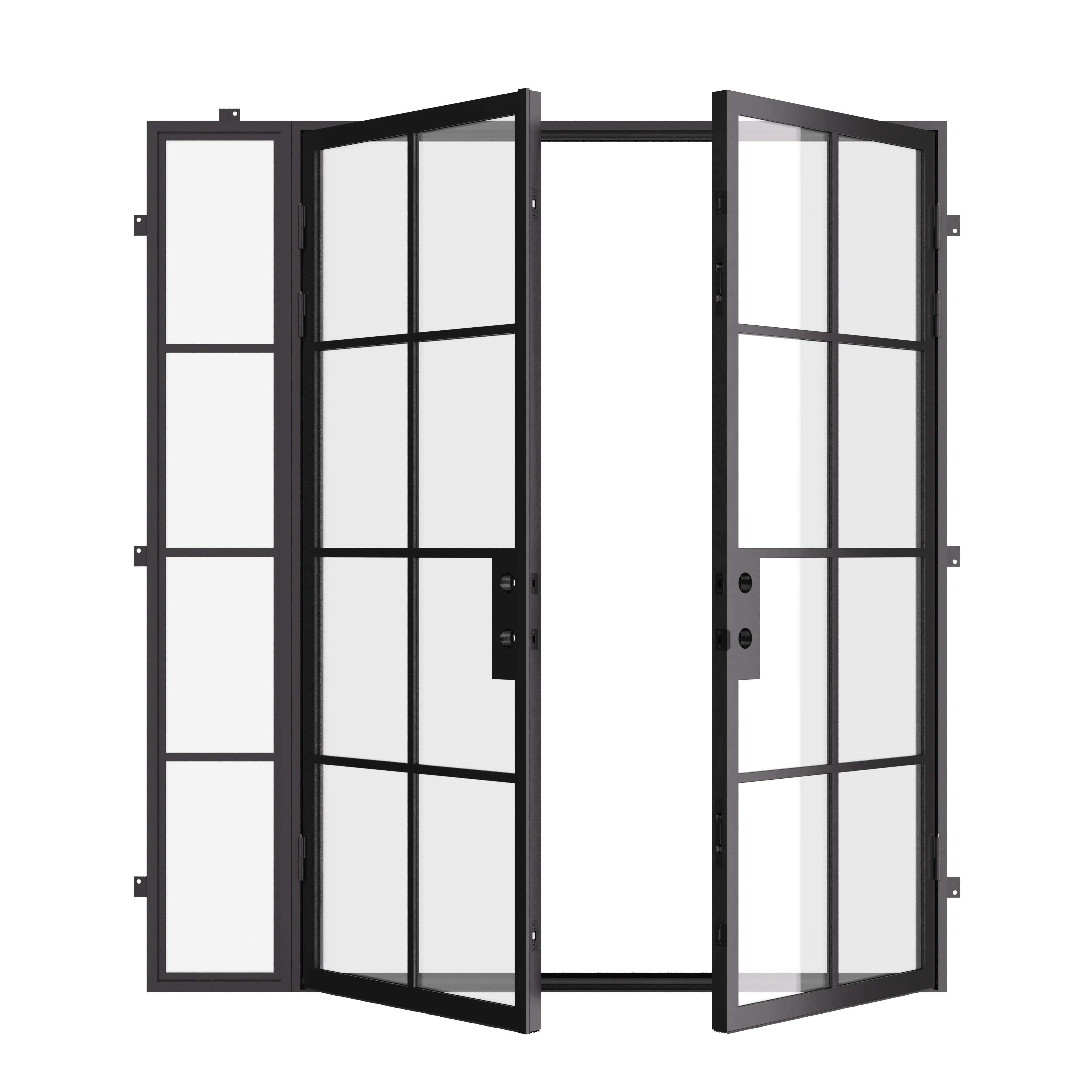 Exterior double flat steel entry doors with left sidelight, architectural cold-rolled steel