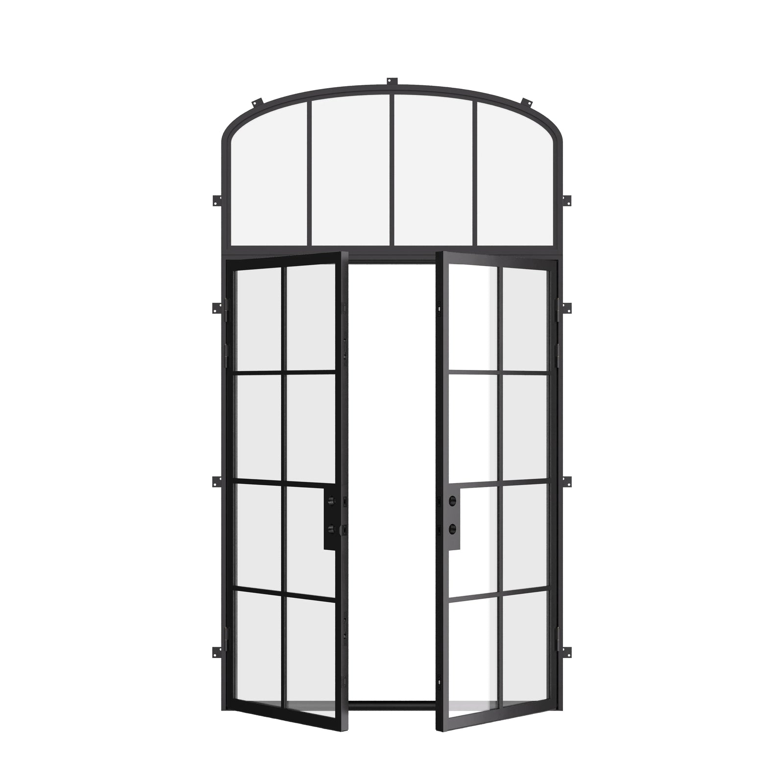 Modern double flat steel front doors with mini arch transom and insulated tempered glass