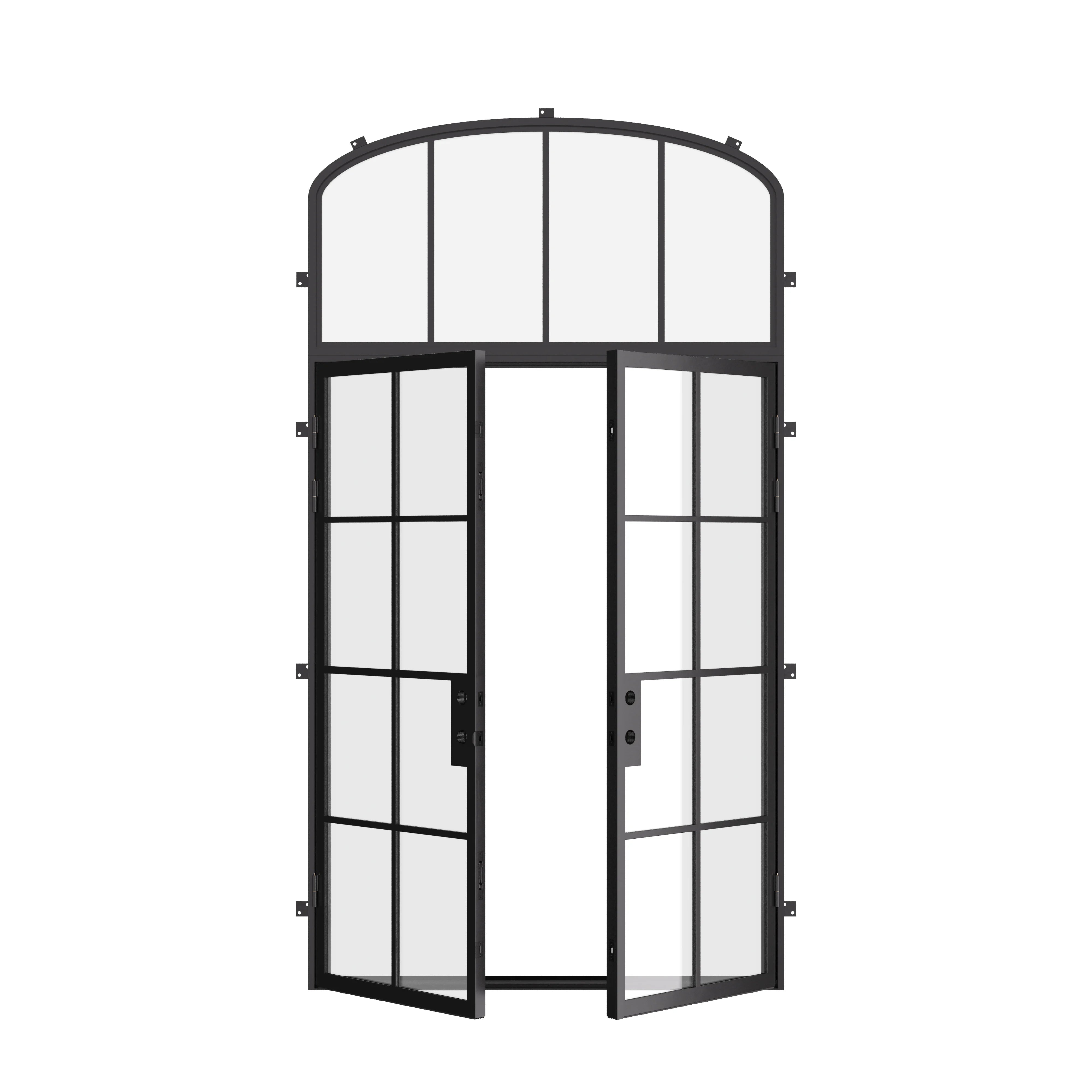 Modern double flat steel front doors with mini arch transom and insulated tempered glass