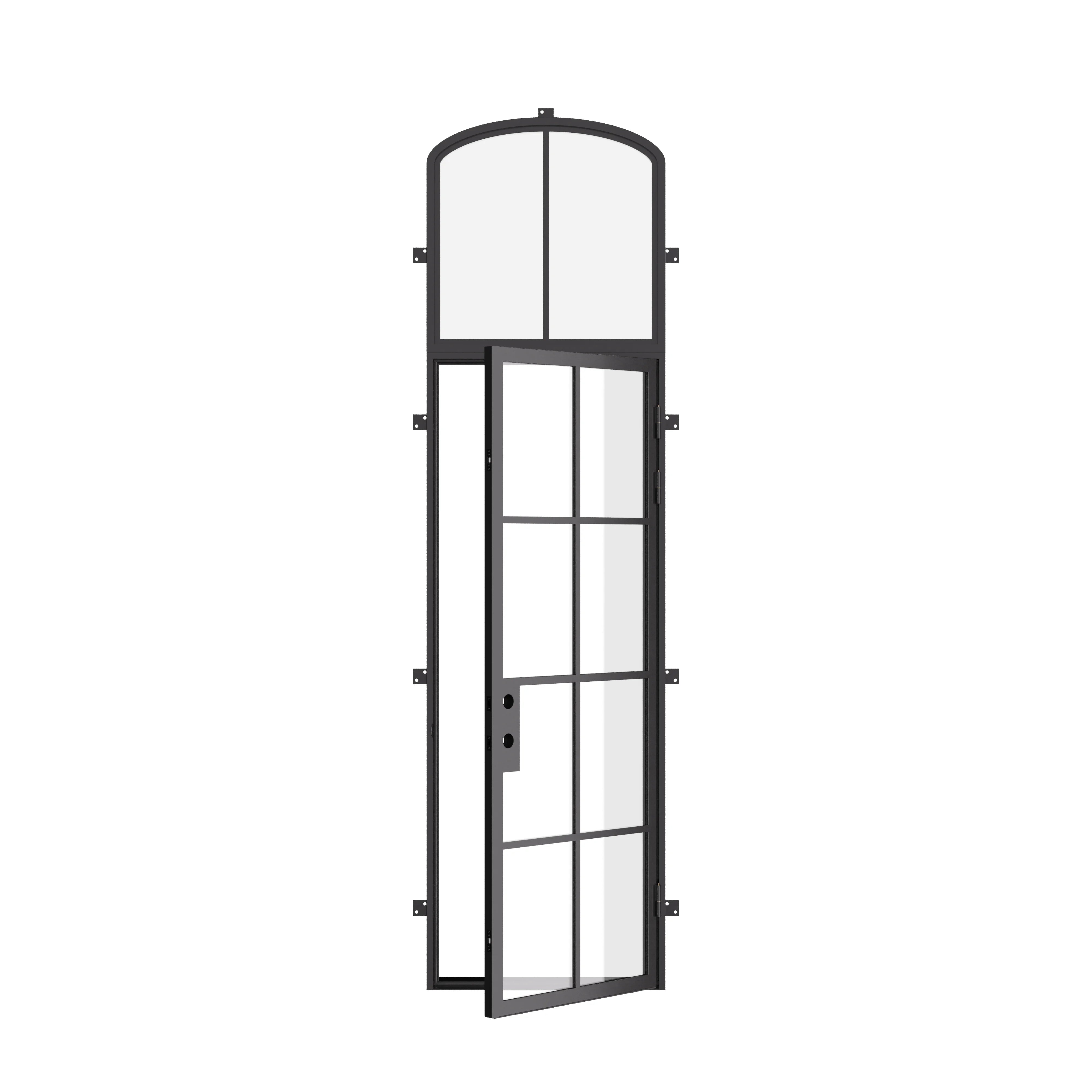Single flat steel entry door with mini arch transom, NFRC rated prehung with dual-pane tempered glass