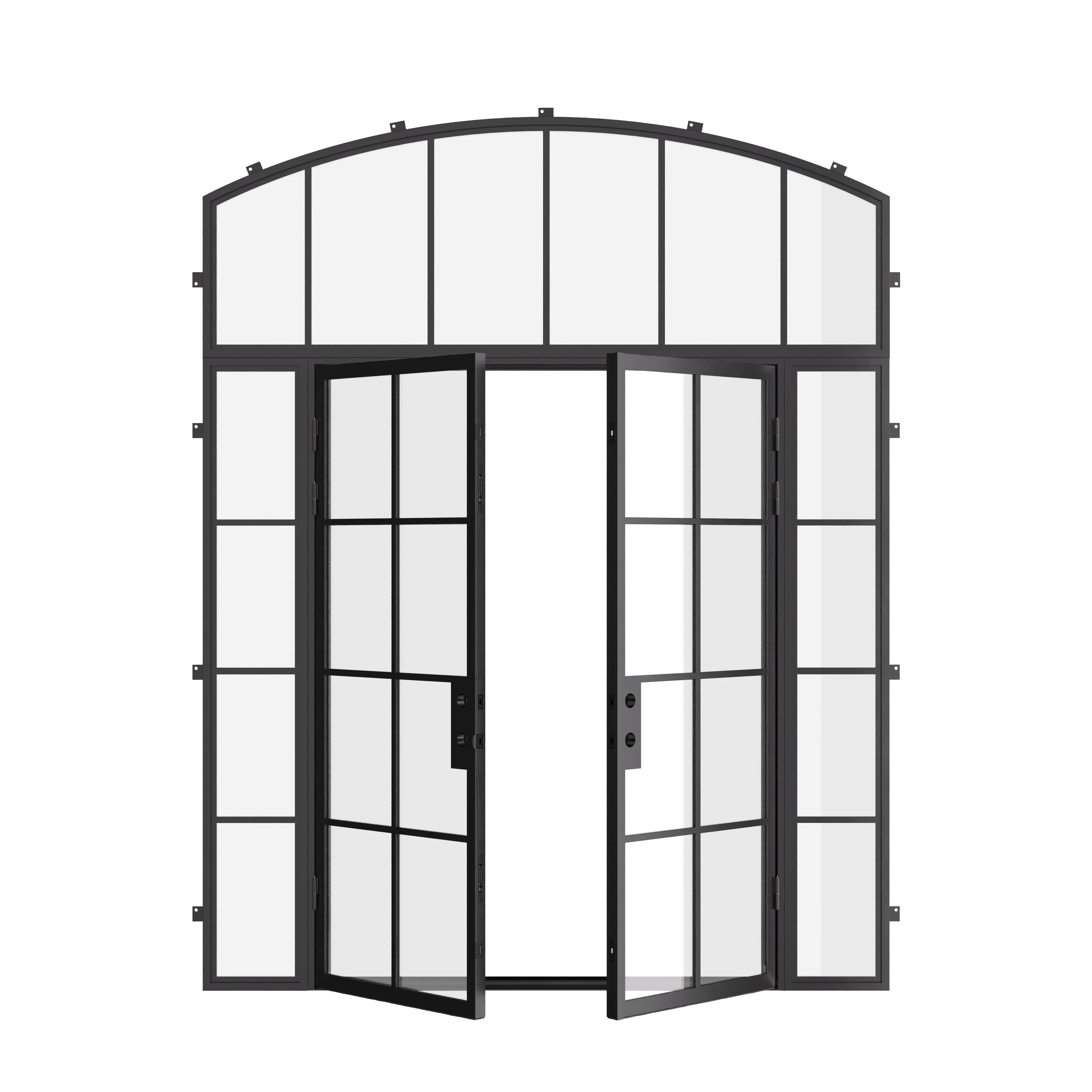 Air 5 double flat steel entry door with side windows and arched top glass, prehung
