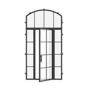 Air 5 single flat front door with sidelights and arch transom, dual-pane tempered glass