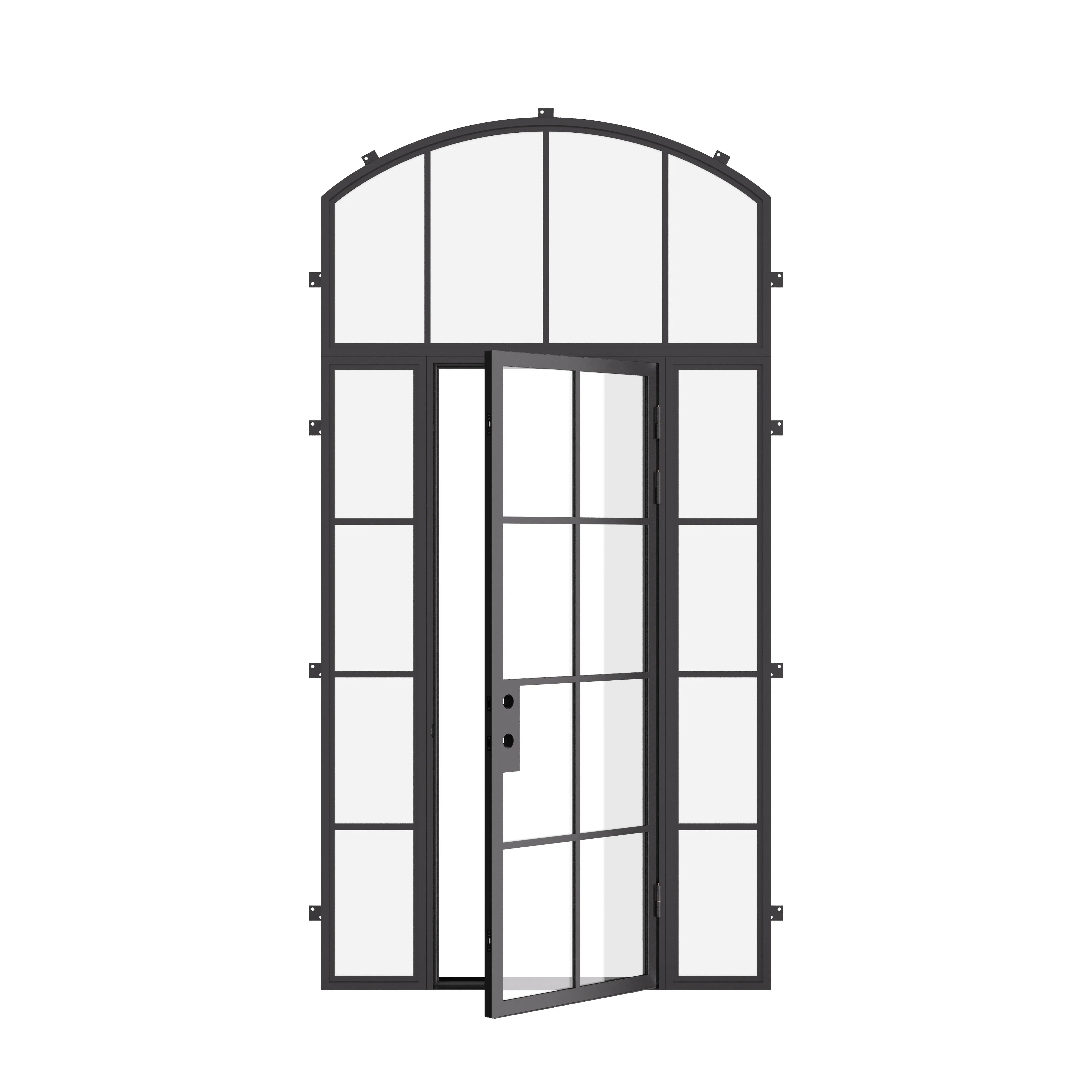 Air 5 single flat front door with sidelights and arch transom, dual-pane tempered glass
