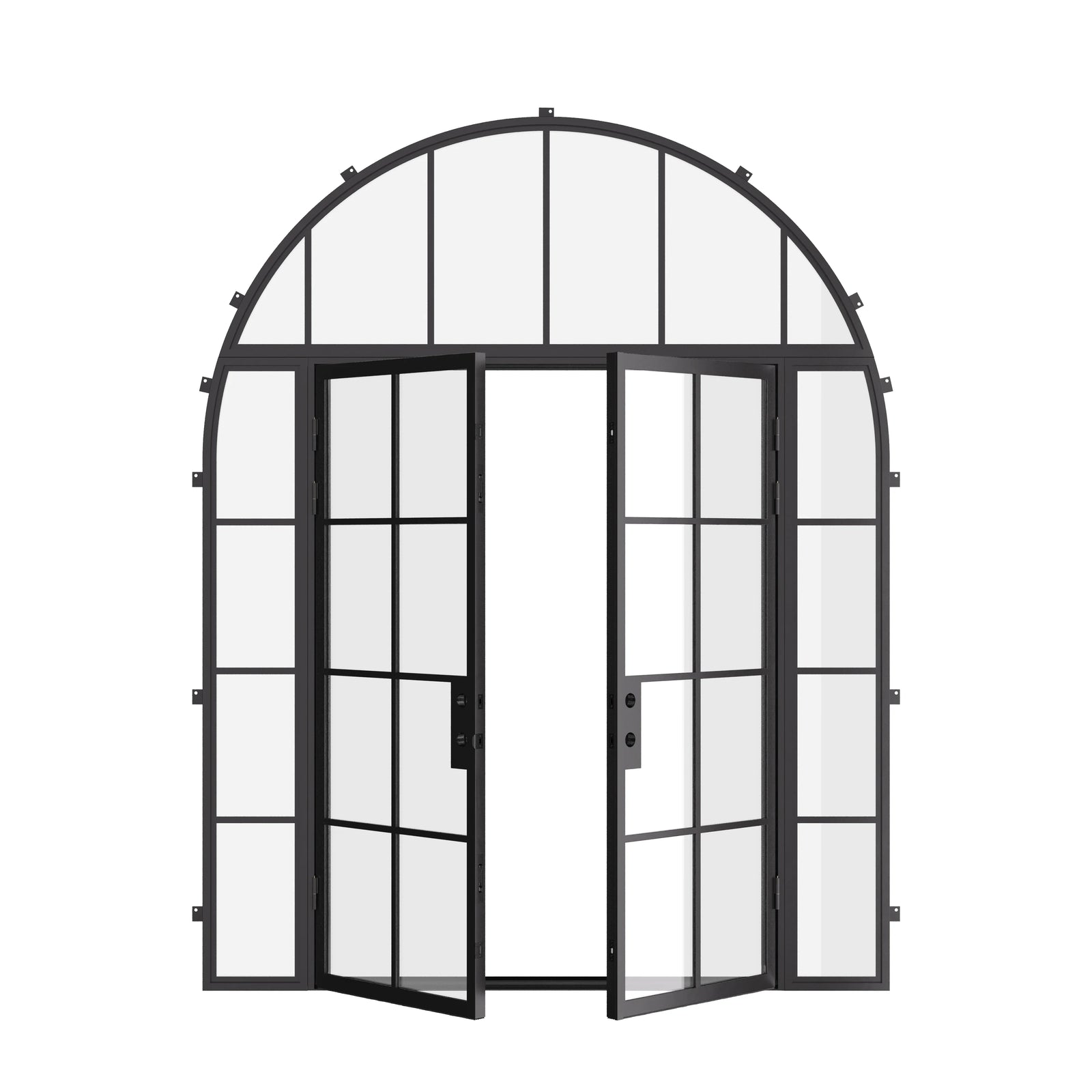 Air 5 double flat front door with sidelights and full arch transom, dual-pane glass