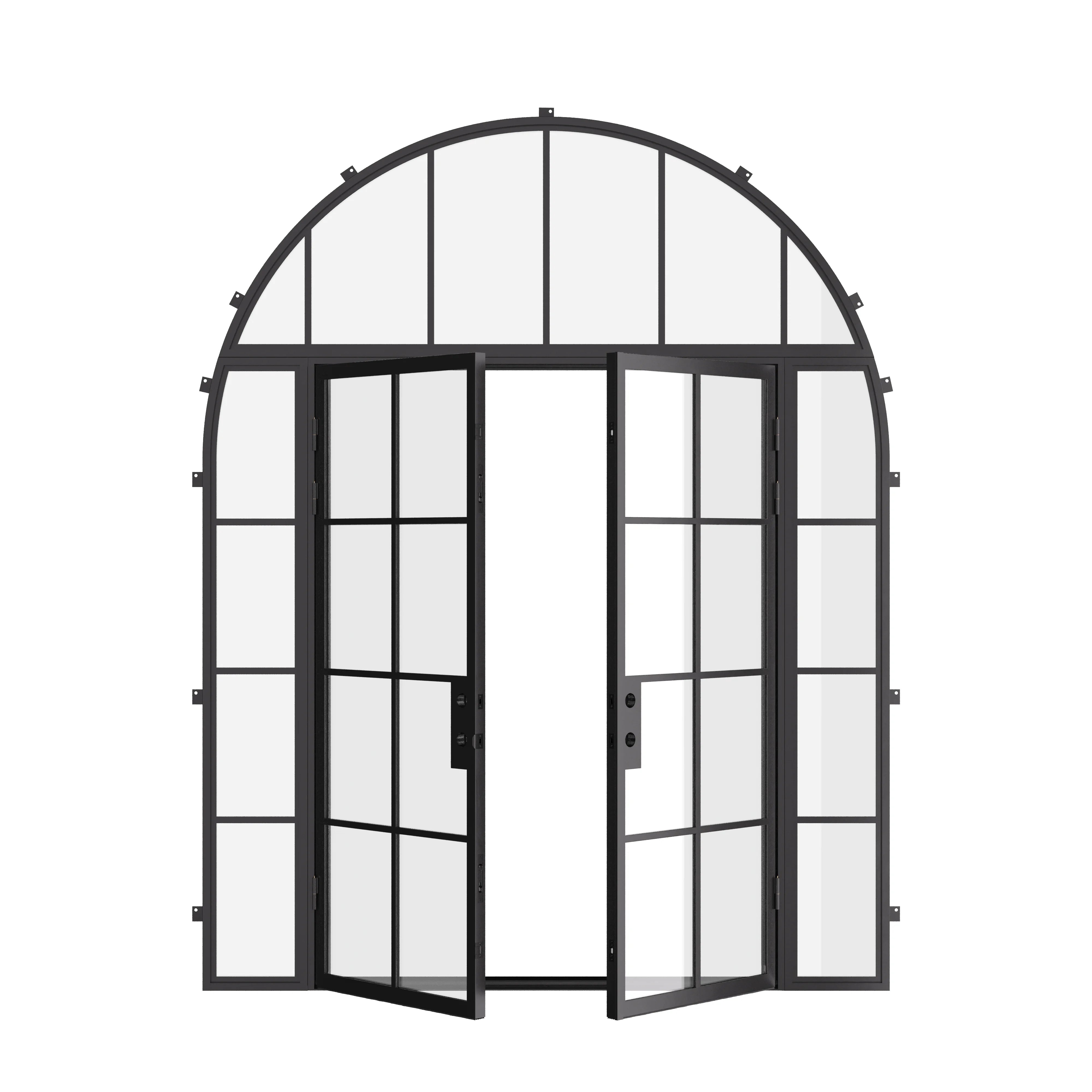 Air 5 double flat front door with sidelights and full arch transom, dual-pane glass