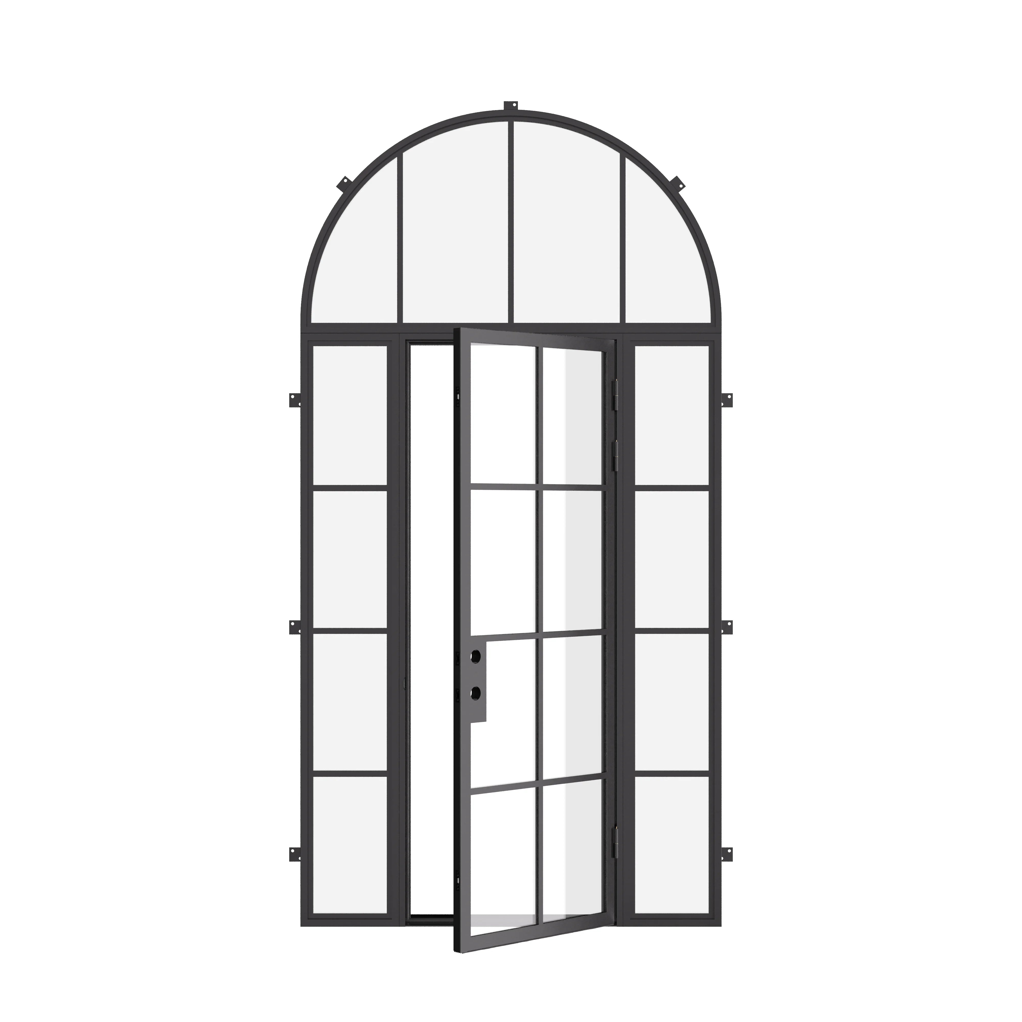 Air 5 single flat front door with sidelights and full arch transom, dual-pane glass