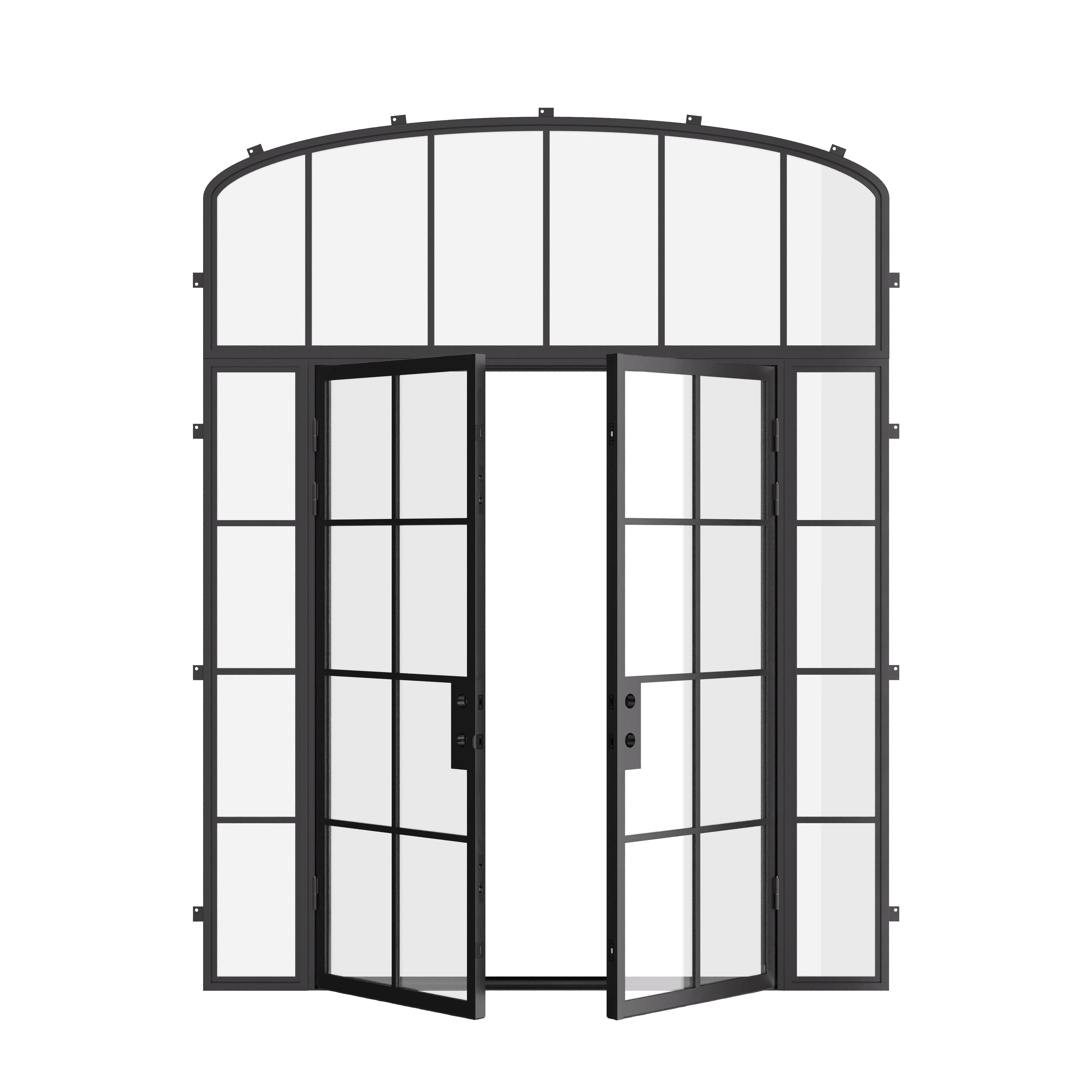 Air 5 double flat front door with sidelights and mini arch transom, dual-pane glass