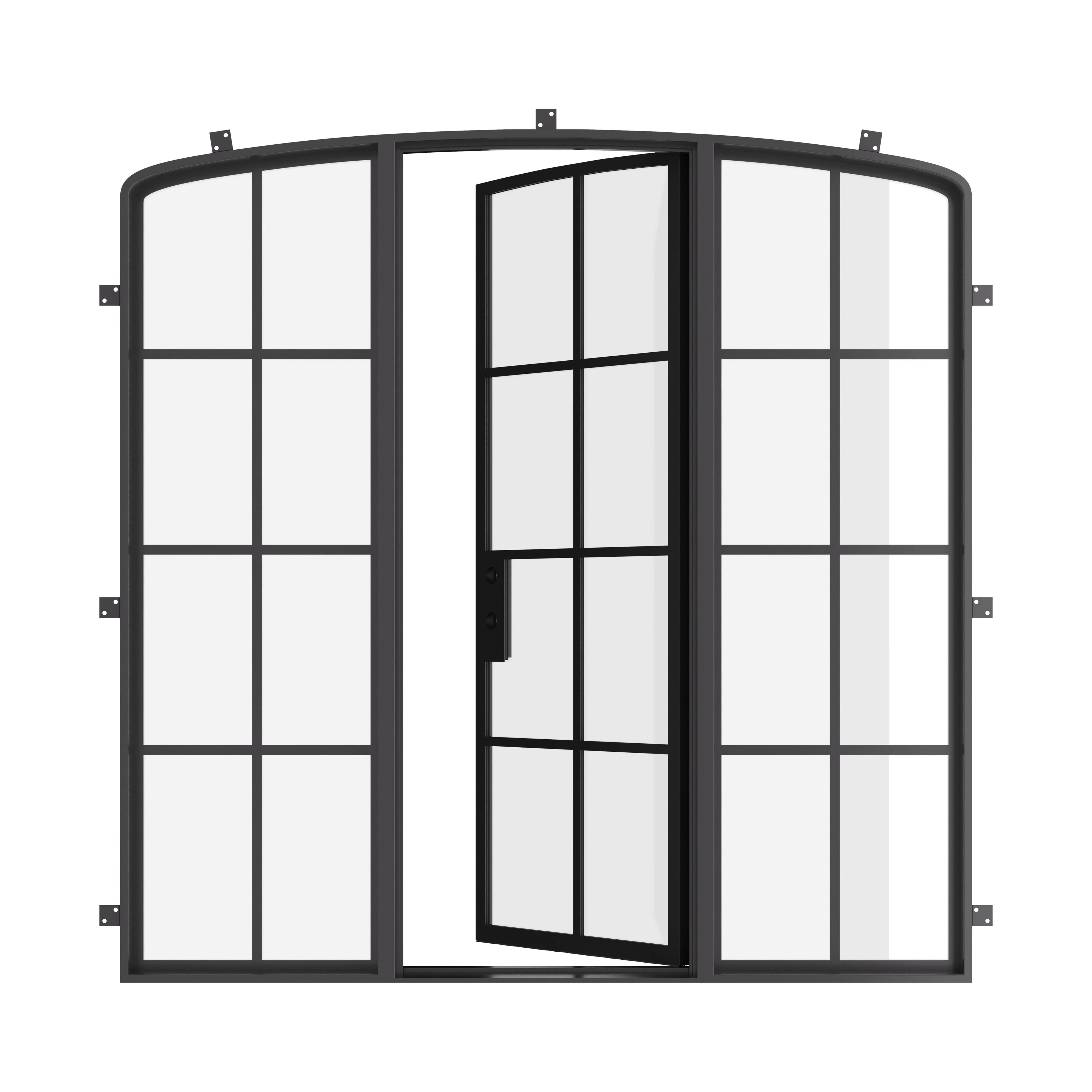 Single mini arch prehung steel entry door with sidelights and insulated safety glass