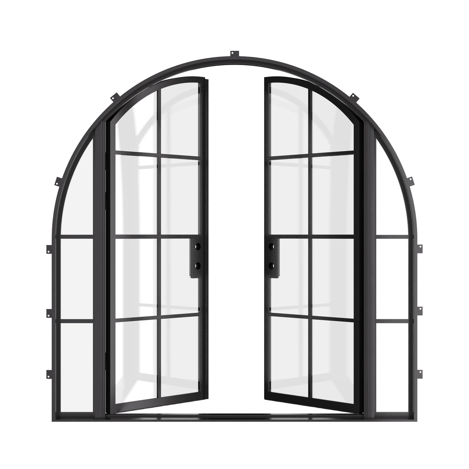 Architectural double full arch front door with dual sidelites