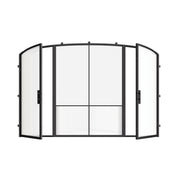 Modern exterior steel double doors with central mini arch glass panel, galvanized steel frame with ribbed glass accents