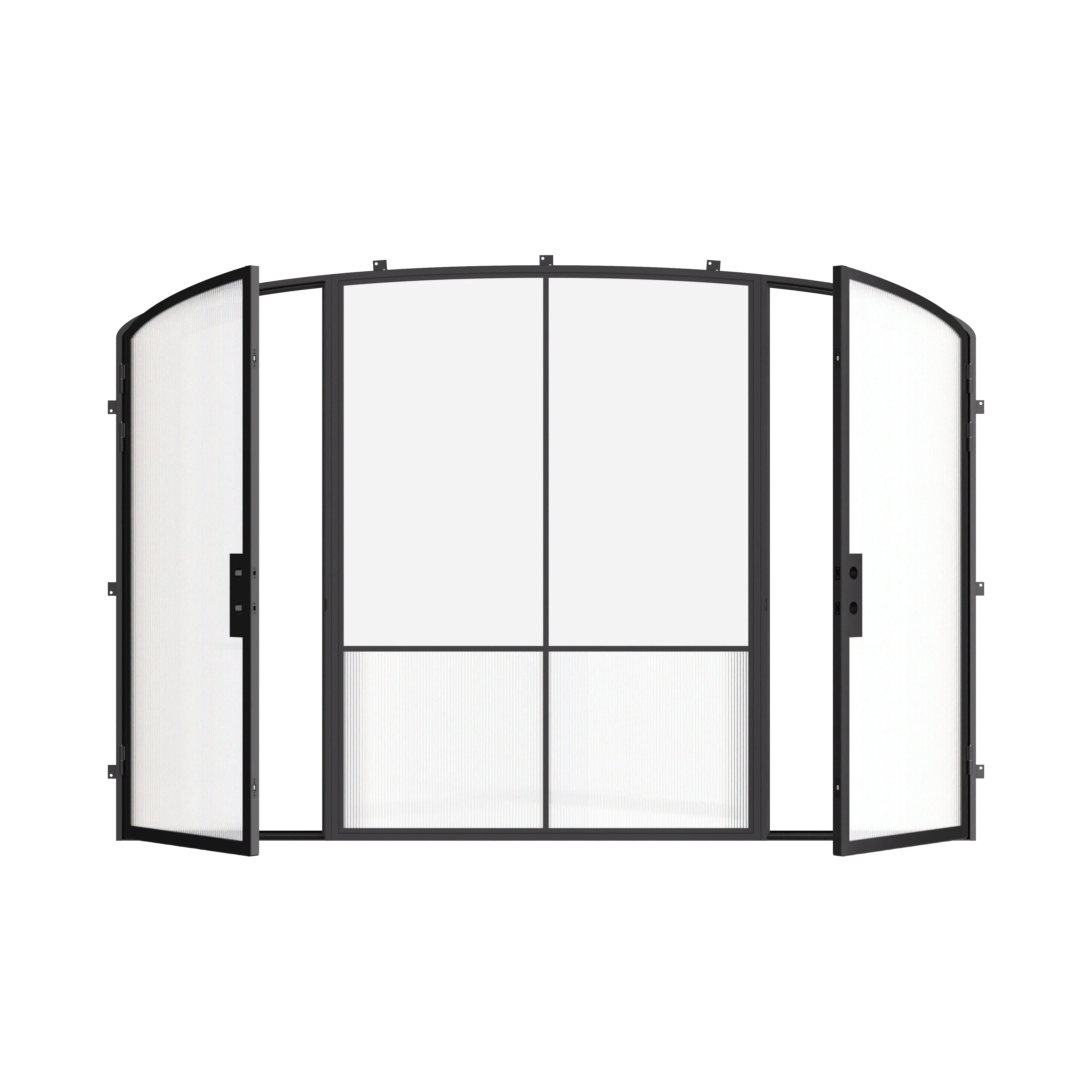 Modern exterior steel double doors with central mini arch glass panel, galvanized steel frame with ribbed glass accents