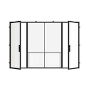 Modern exterior steel double entry doors with central glass panel, galvanized steel frame with ribbed glass accents