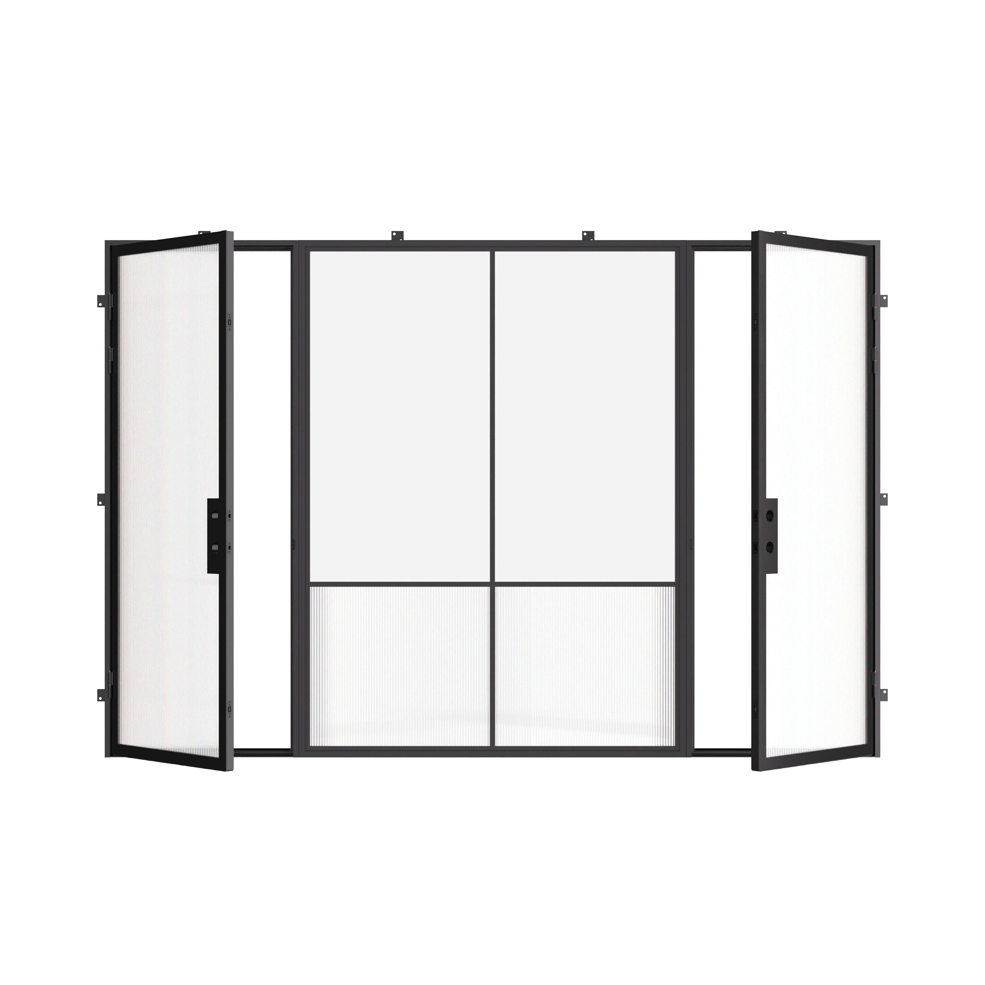Modern exterior steel double entry doors with central glass panel, galvanized steel frame with ribbed glass accents
