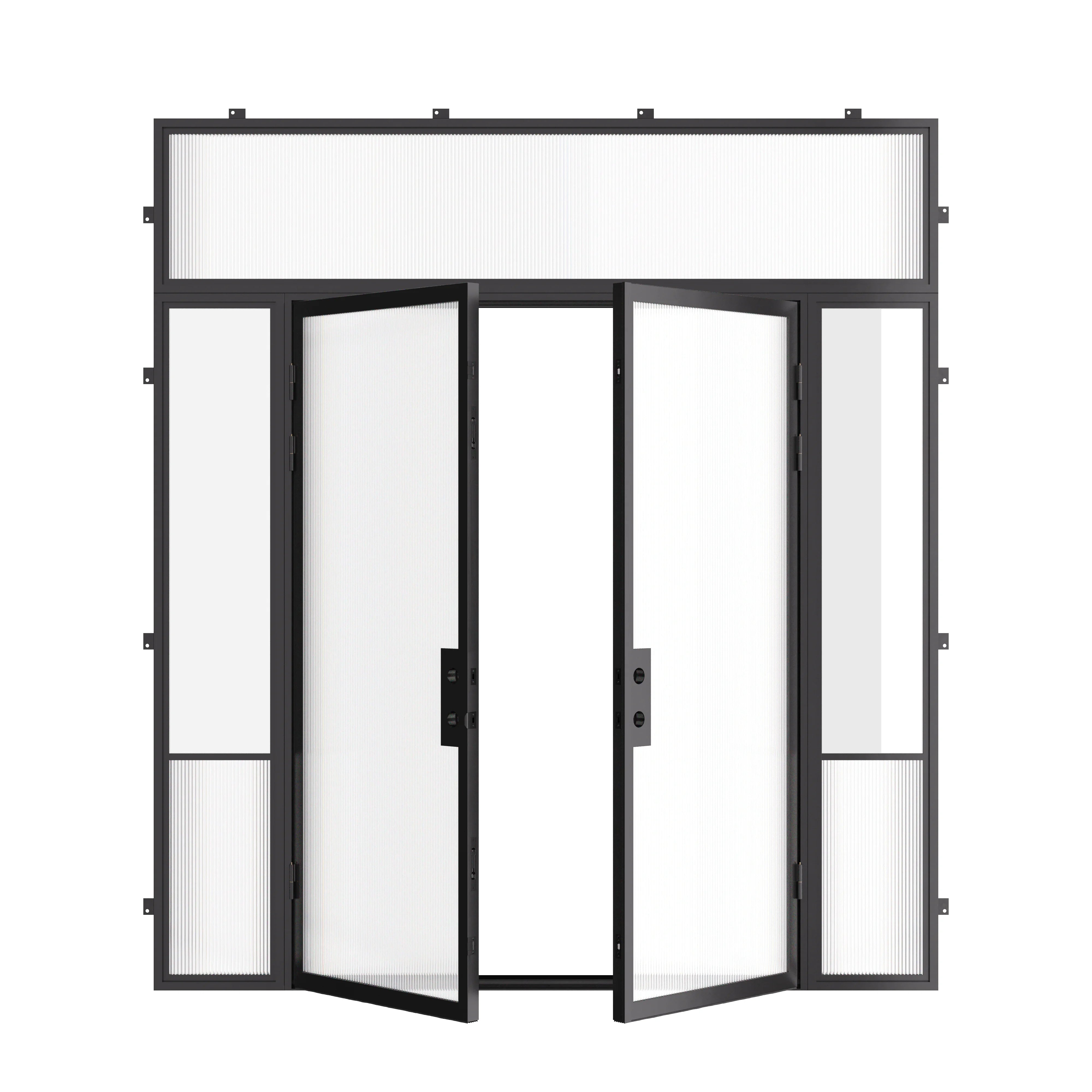 Air Grand modern exterior steel door with sidelights and flat transom glass, galvanized steel structure and energy-efficient Low-E panels